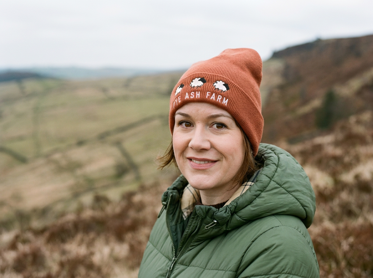 Chelsea Jackson outdoors in a green jacket and orange beanie with sheep illustrations, smiling, with rolling hills in the background hold this space therapy.