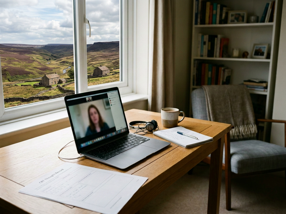 Home office desk with a laptop, notebook, coffee mug, headphones, and a paper, near a window overlooking a rural landscape with rolling hills and small houses.