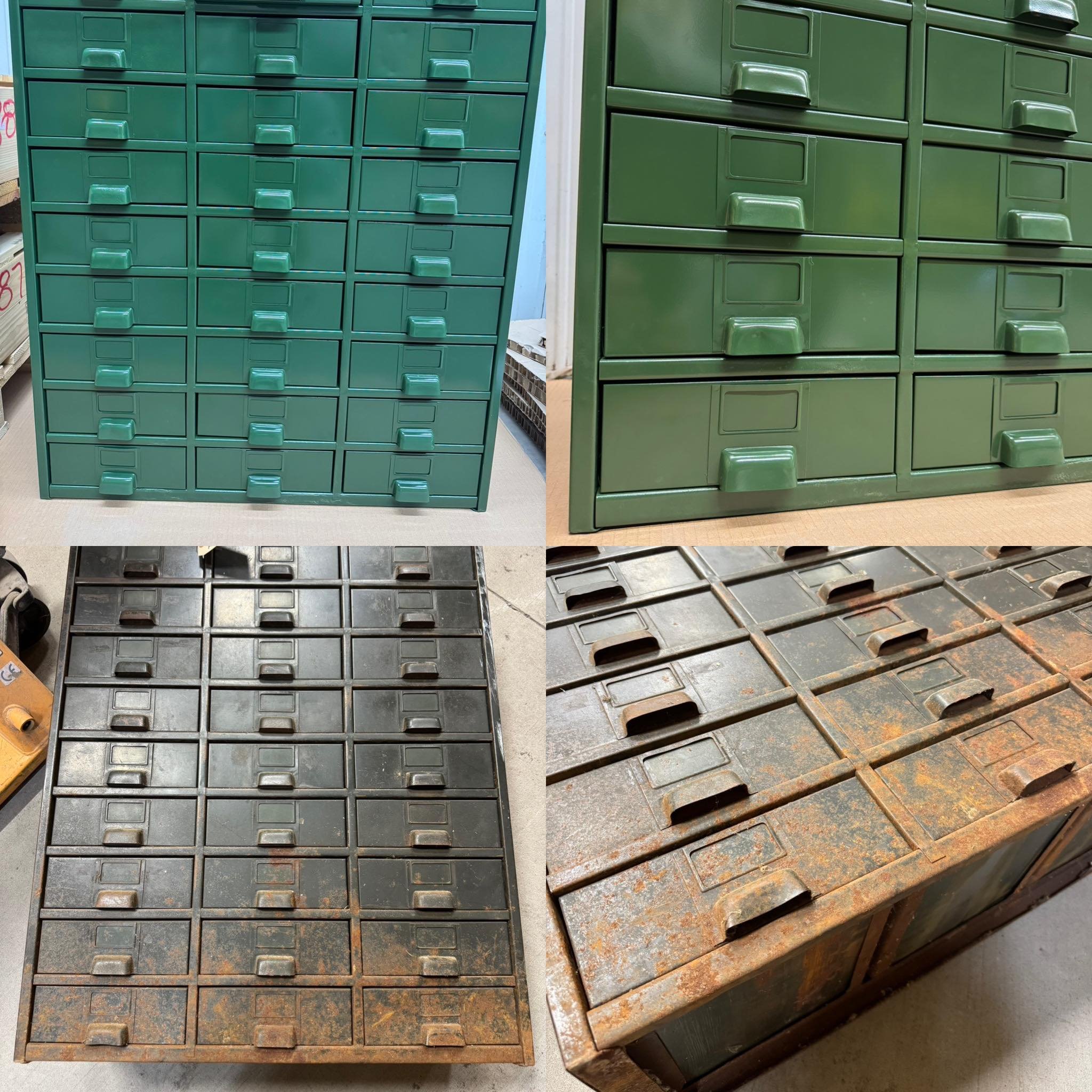 Four different metal storage drawers, with the top two being green and clean, and the bottom two showing rust and dirt.