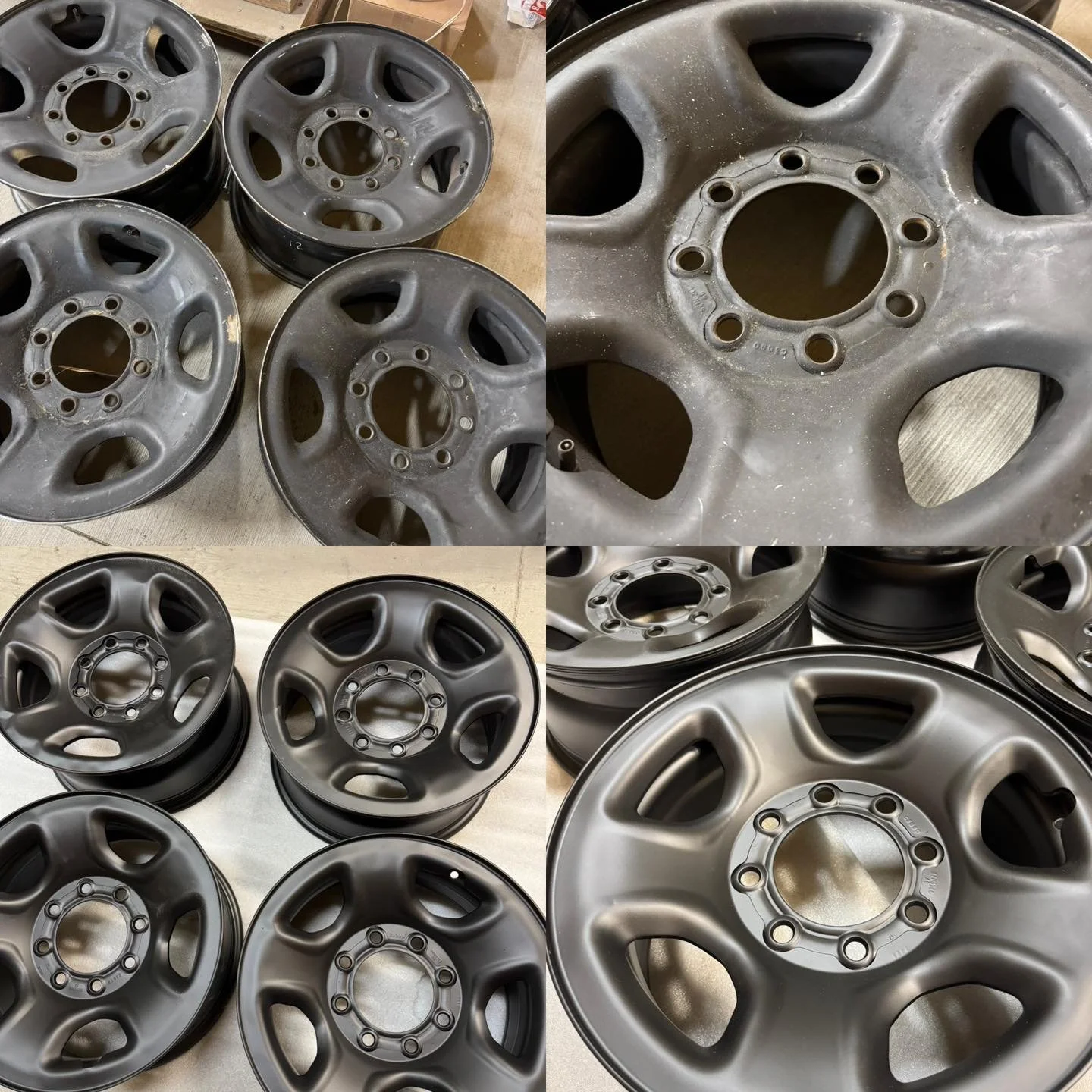 Multiple steel wheels or rims, some with a matte black finish and some with a shiny metallic finish, shown from different angles.