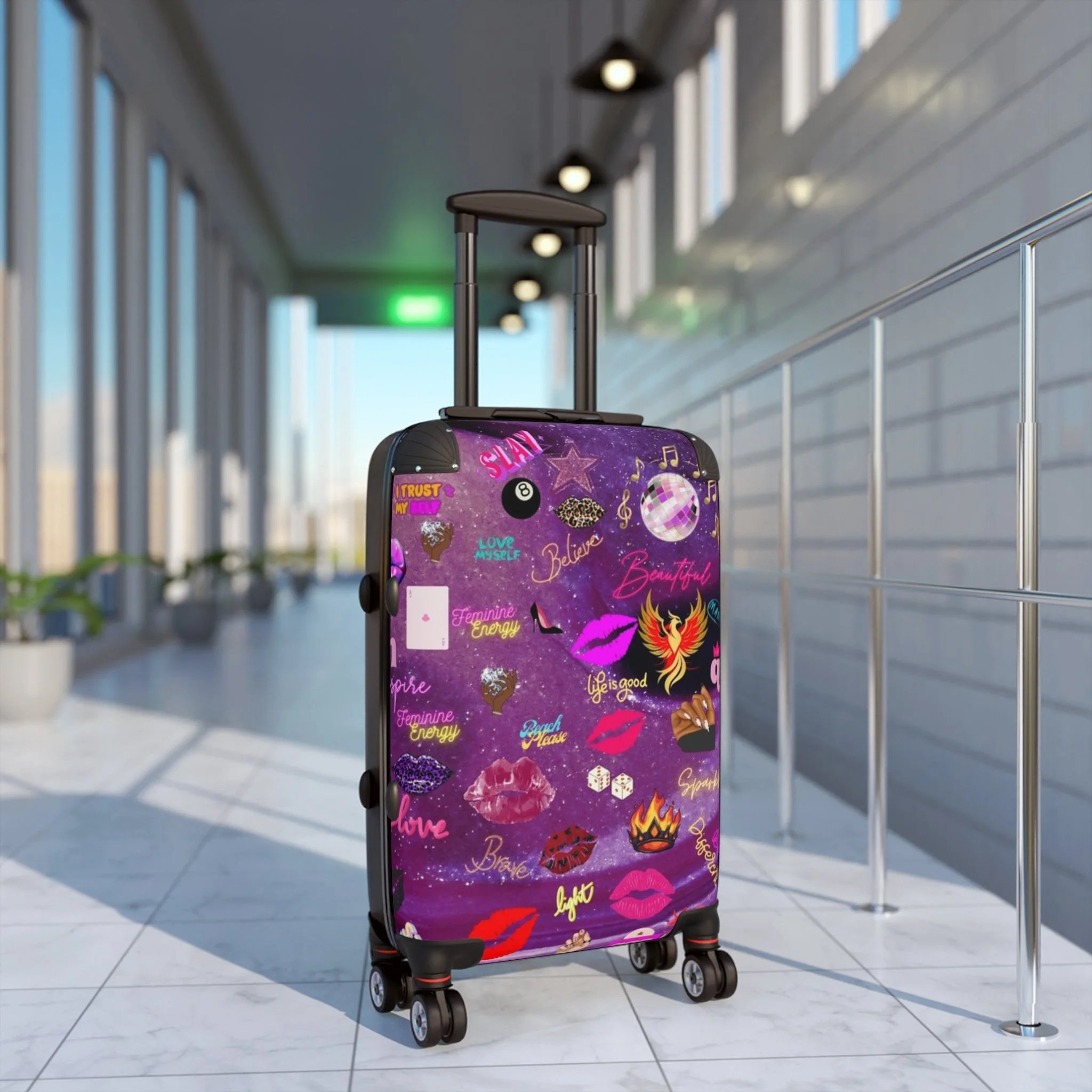 Feminine Energy Carry-On Suitcase — Travel Luggage with Lipstick, Patches & Fun Graphics