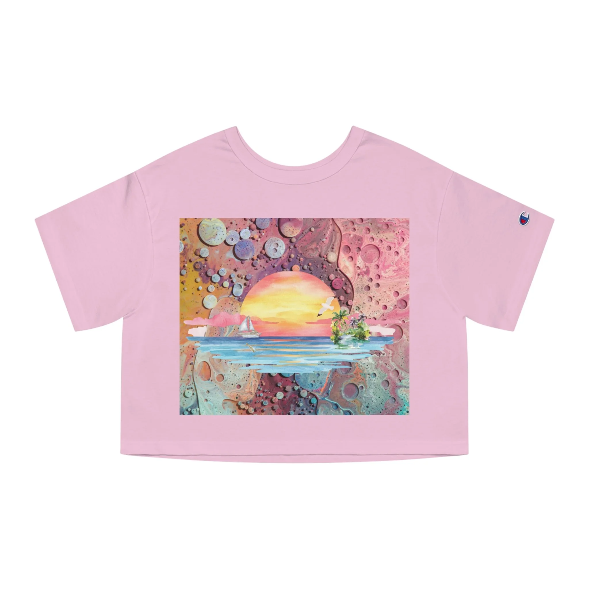 Beach Scene Color Pop Cropped Tee — Watercolor Tropical Sunset Graphic