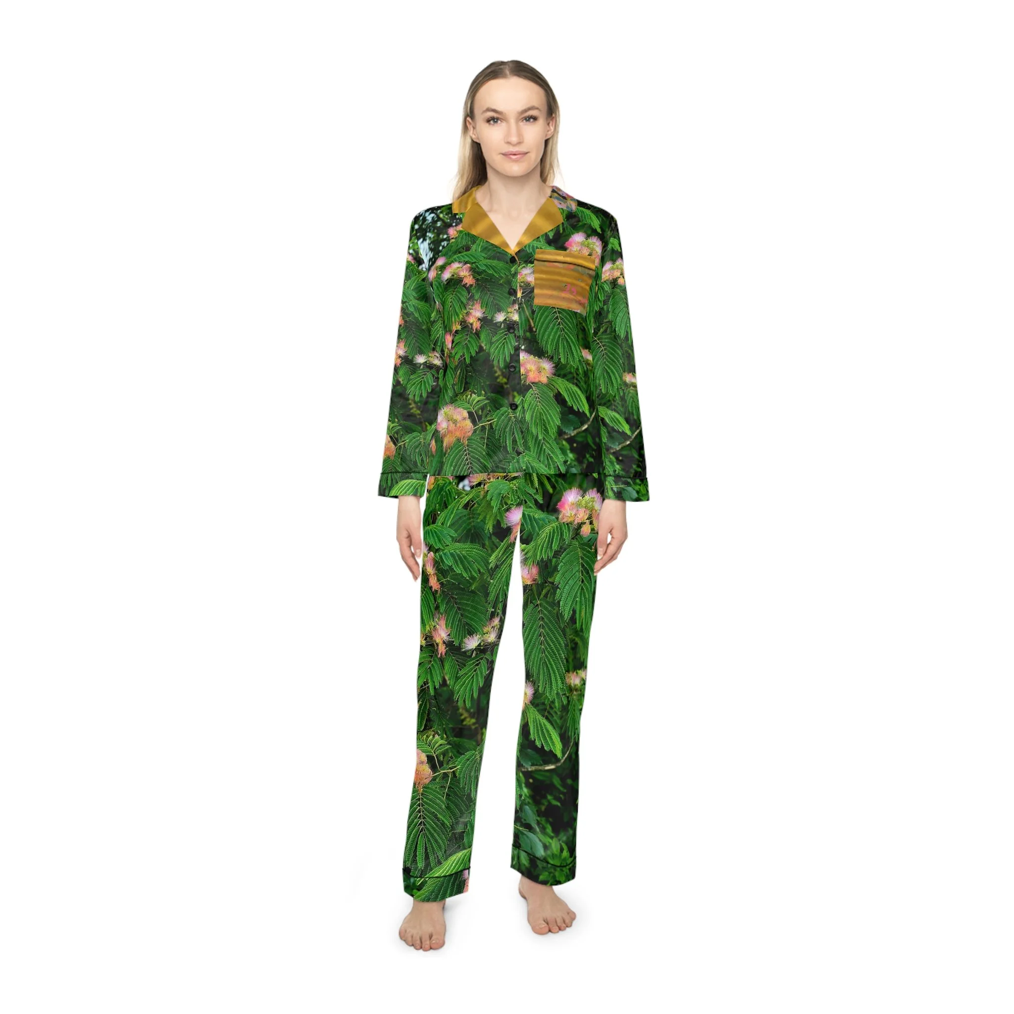 Mimosa Gold Satin Pajamas Set — Mimosa Print Women’s Sleepwear