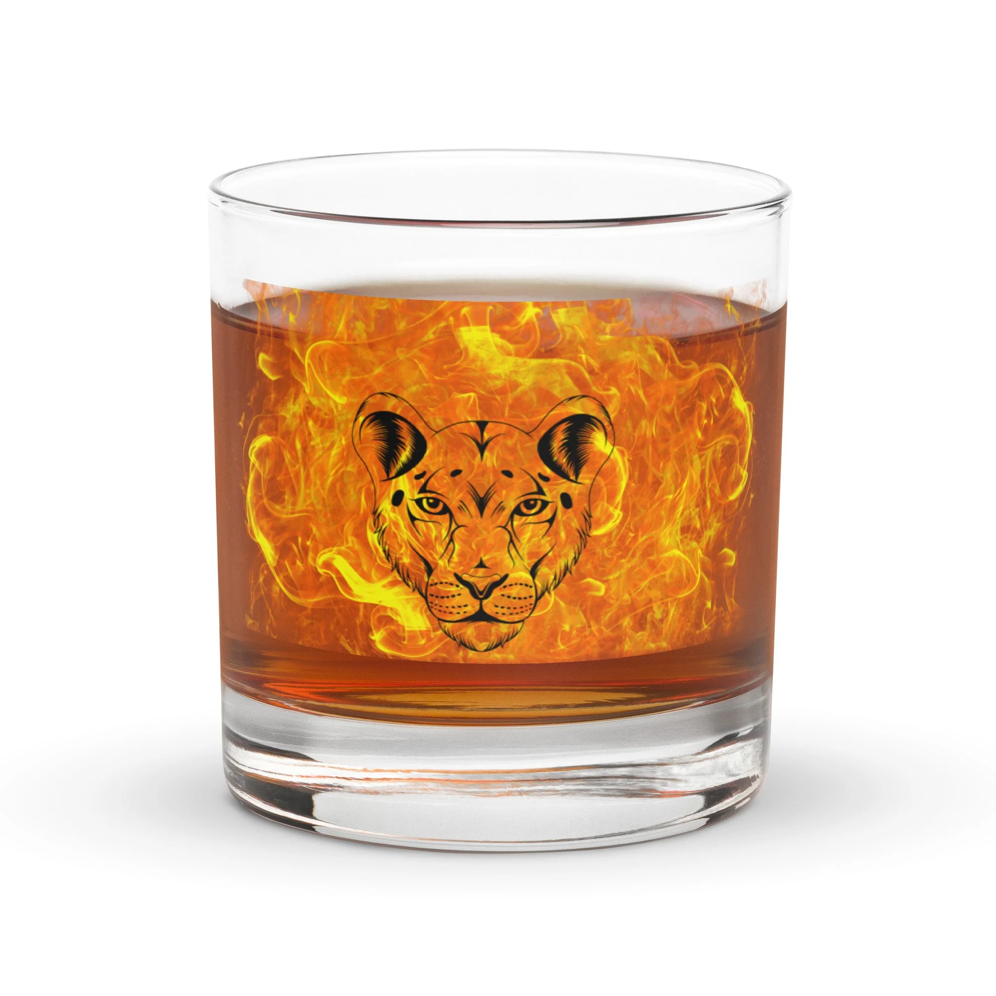 Lioness Queen Flames Rocks glass