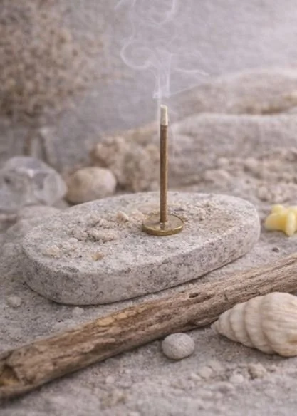 Incenso de vara queimando, colocado sobre uma pedra, com fumaça saindo da ponta.