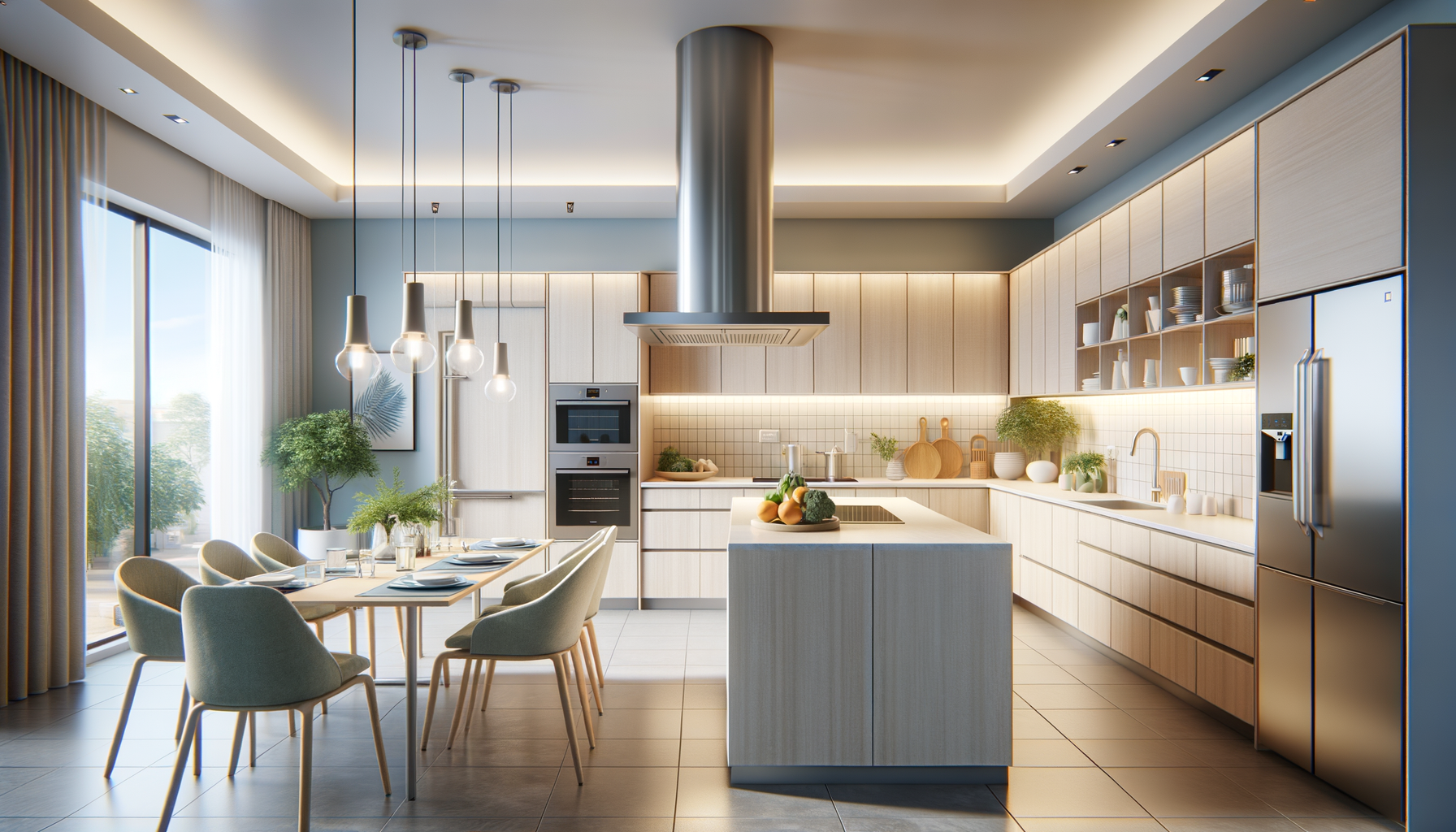 Bright, modern kitchen with a dining area, wooden cabinets, a kitchen island, and large windows letting in natural light.