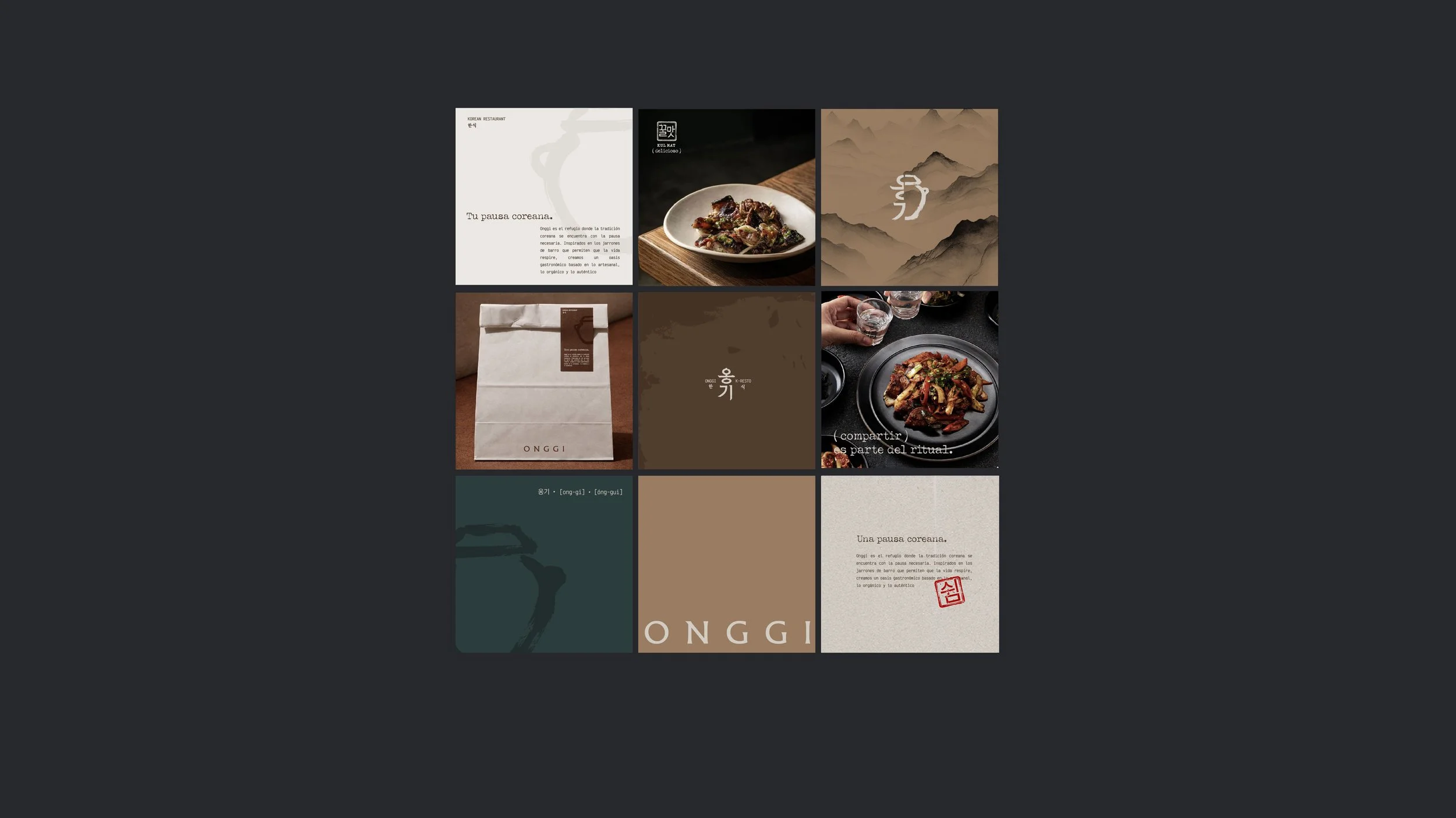 Collage de varios diseños relacionados con un restaurante coreano, incluyendo platos de comida, empaques, logos y textos en español y coreano.