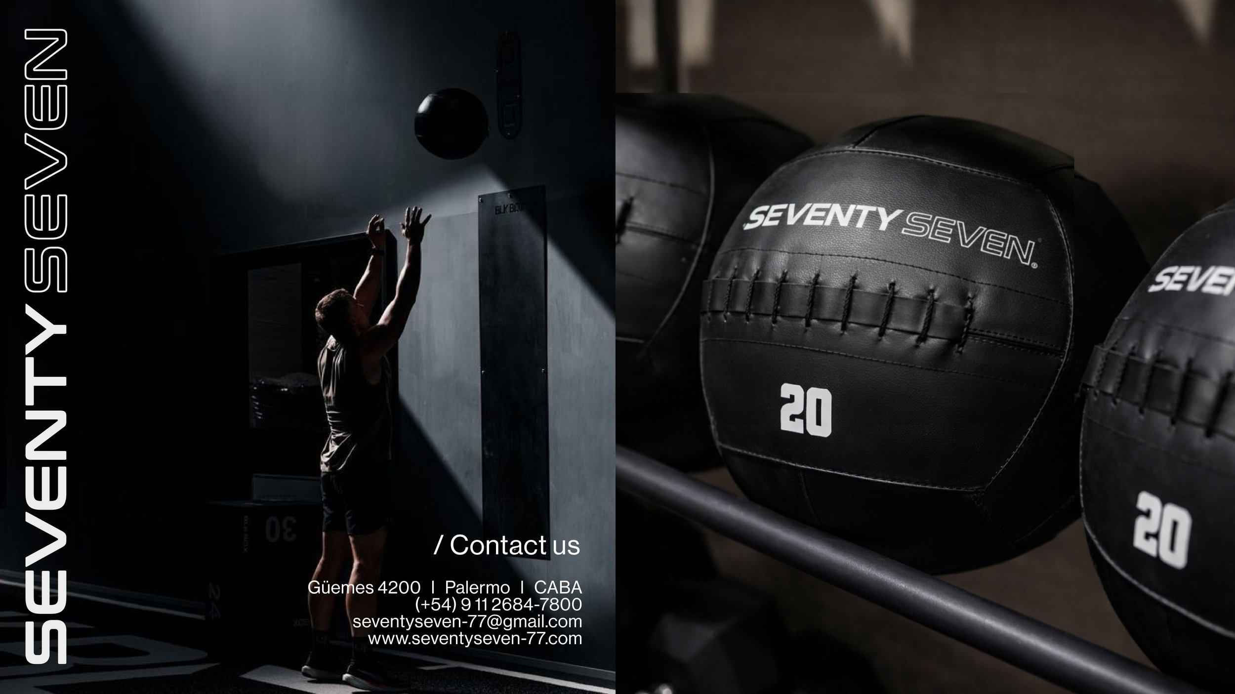 Un gimnasio con una persona haciendo ejercicio con una pelota medicinal y varias pelotas medicinales negras con el logo 'SEVENTY SEVEN' y el número 20 en un estante.