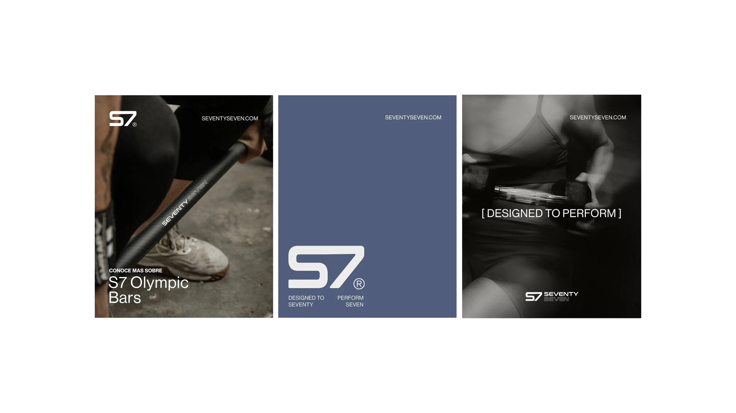 Publicidad de barras olímpicas para entrenamiento, con fotos de personas usando las barras y texto promocional de la marca SEVENTYSEVEN en fondo azul y negro.