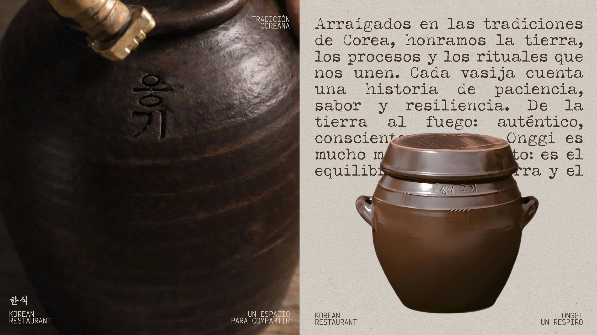 Vasos tradicionales coreanos hechos de cerámica de color marrón oscuro. Uno tiene un símbolo grabado en la superficie y otro está en un fondo de papel con texto en español sobre las tradiciones coreanas.