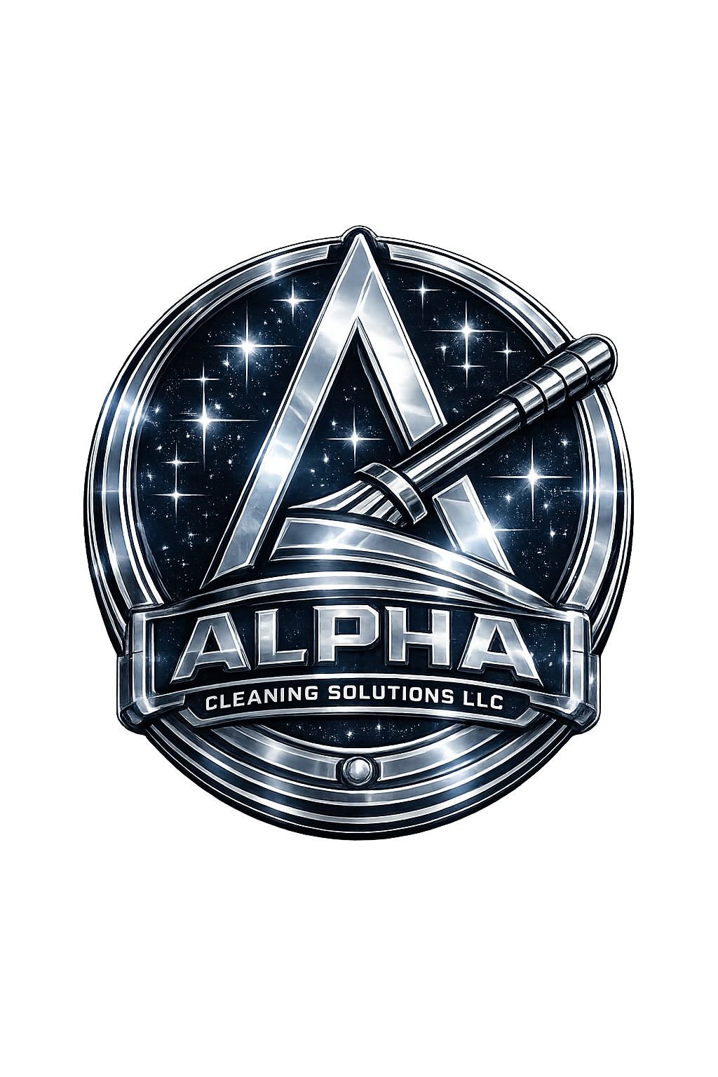 A shiny metallic emblem for Alpha Cleaning Solutions LLC featuring a star, a cleaning brush, and a banner with the company name.
