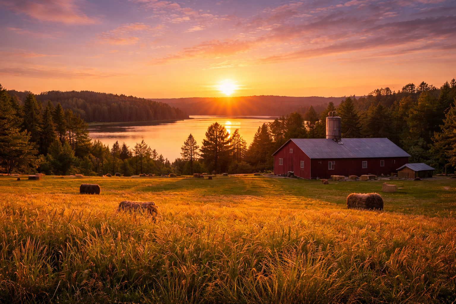 Sunset over a rural farm with a red barn, a pond, and hay bales in a grassy field surrounded by trees.