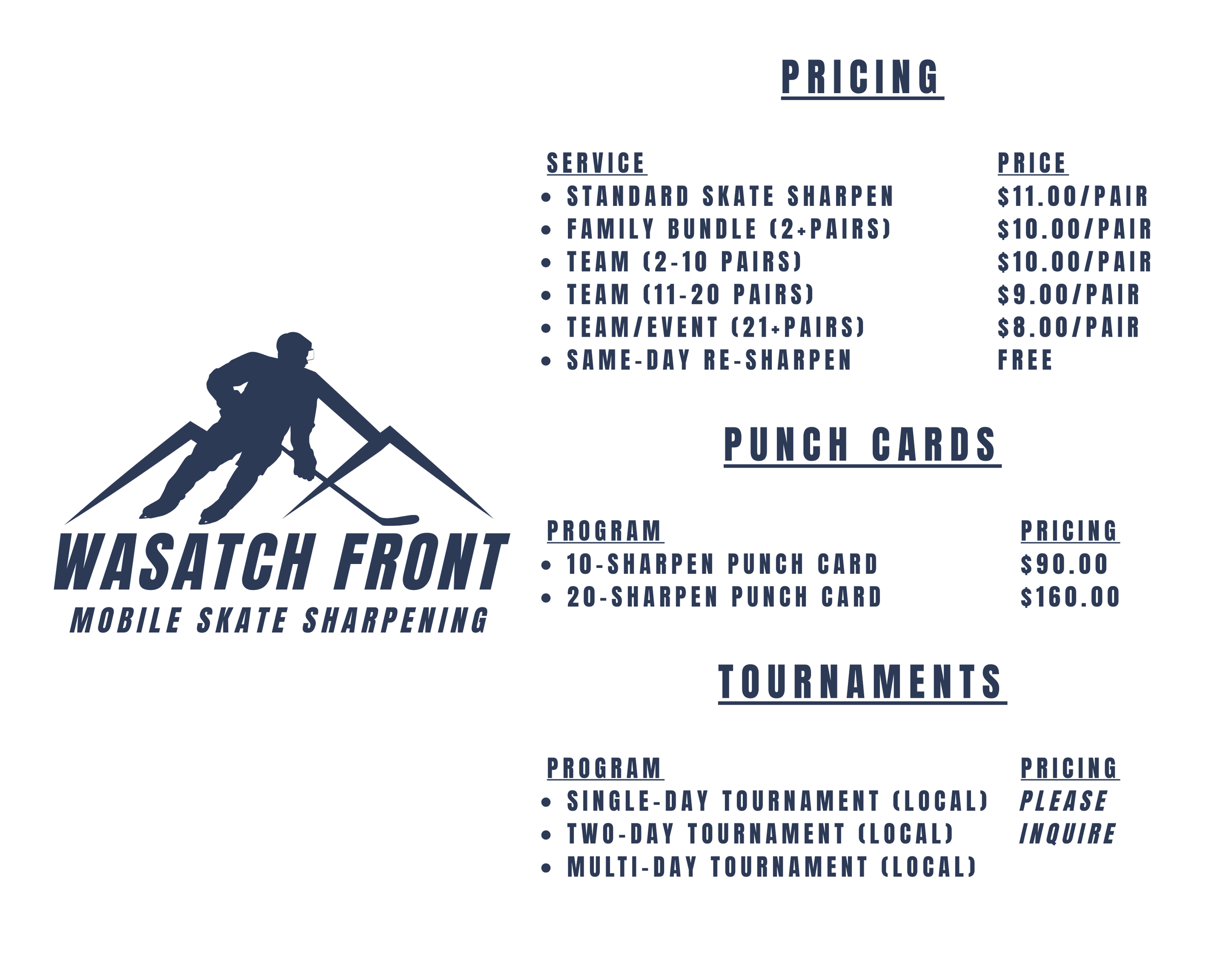Pricing menu for Wasatch Front Mobile Skate Sharpening, featuring services, punch cards, and tournaments with prices listed.