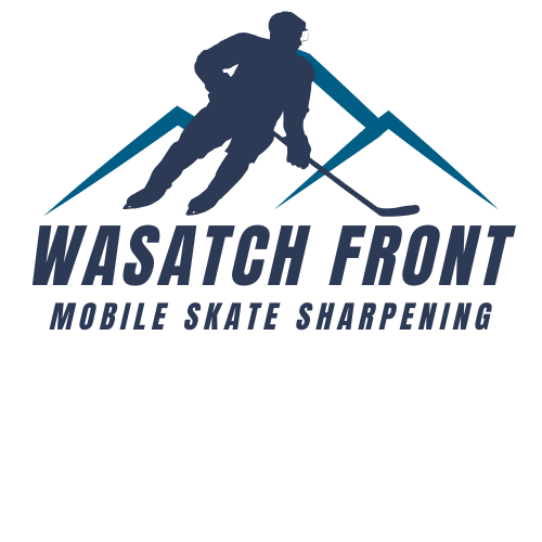 Logo for Wasatch Front Mobile Skate Sharpening featuring a silhouette of a skier and mountain peaks.