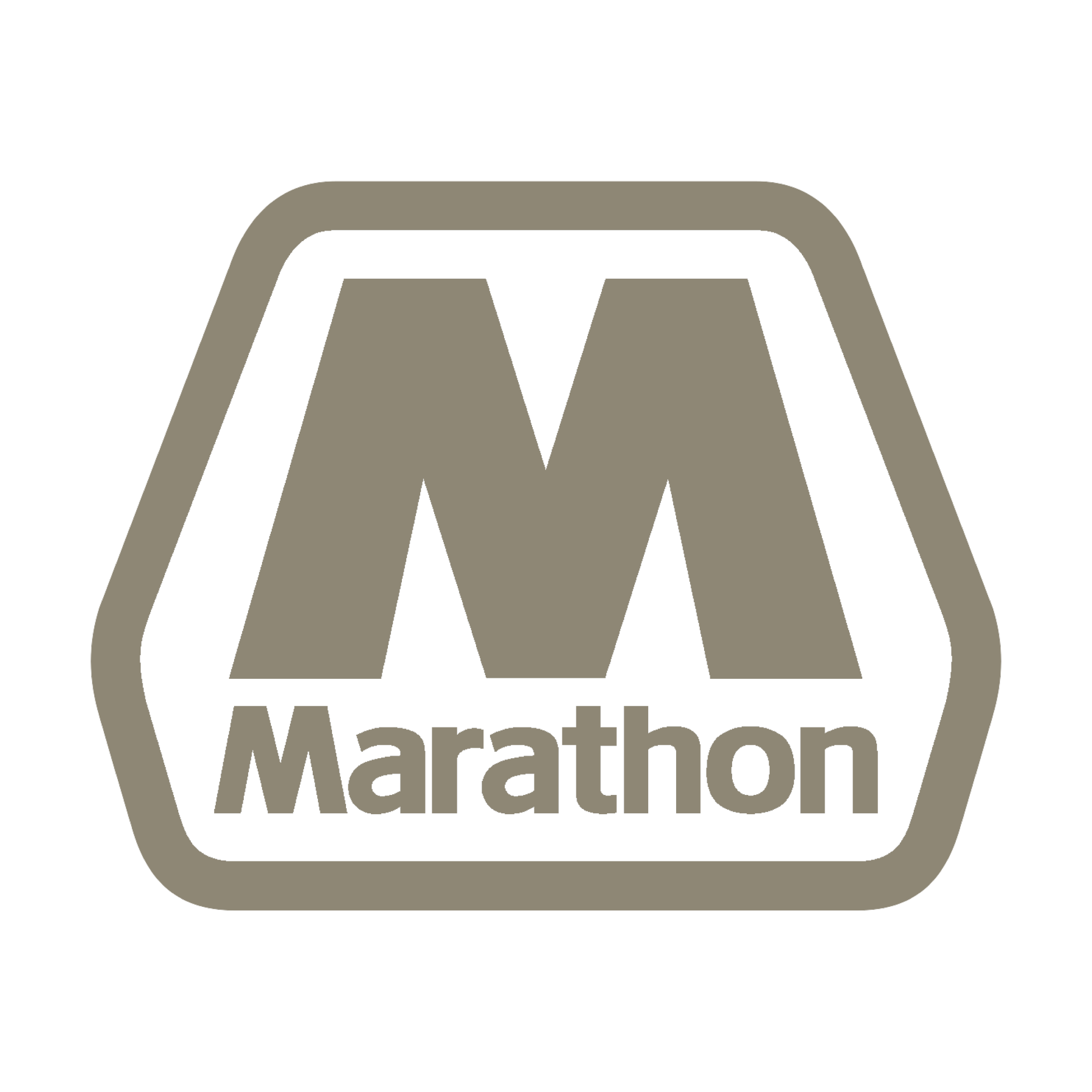 Marathon logo with large 'M' and the word 'Marathon' below it, all in a hexagonal outline, in a grayscale color scheme.