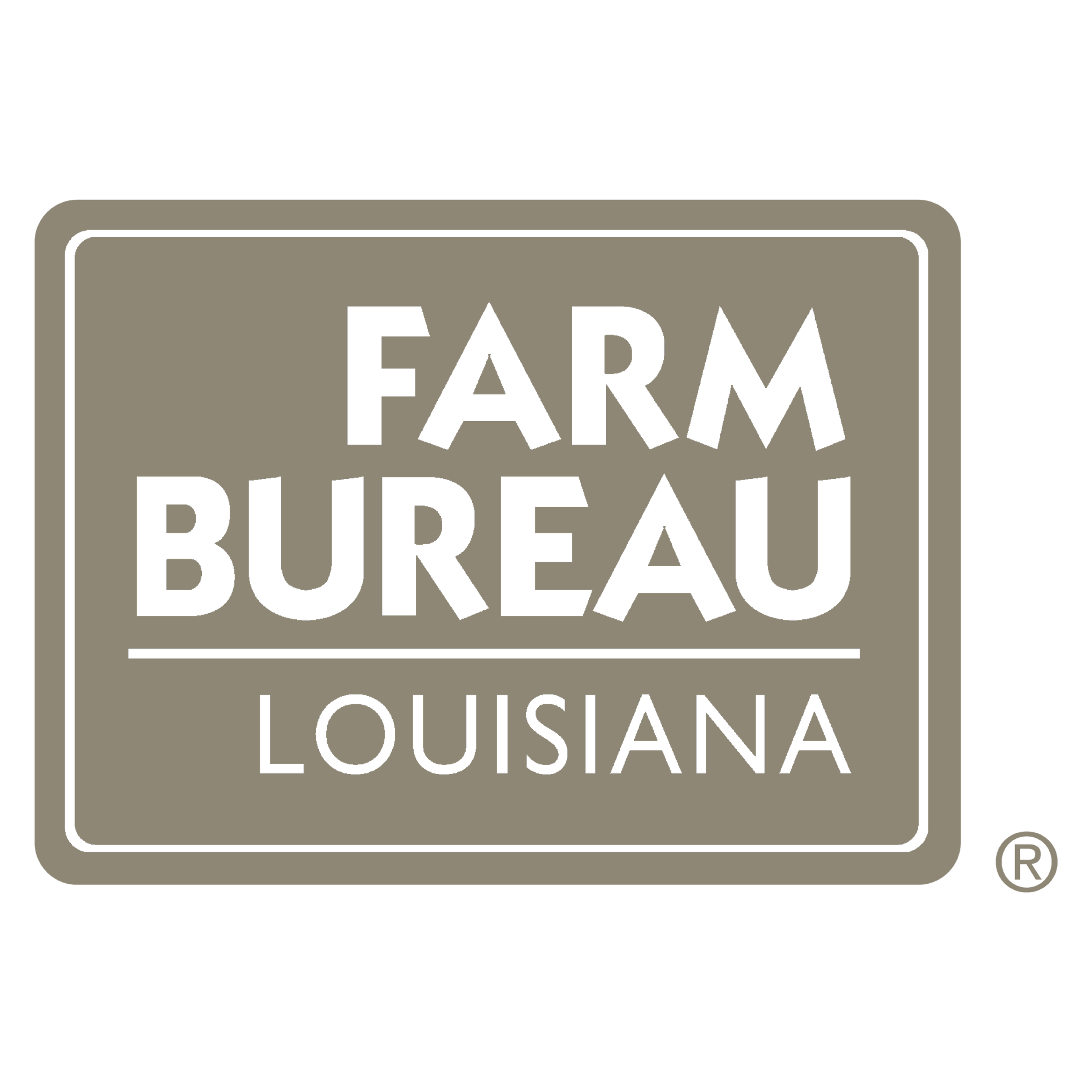 Sign for the Farm Bureau in Louisiana with black text on a gray background.