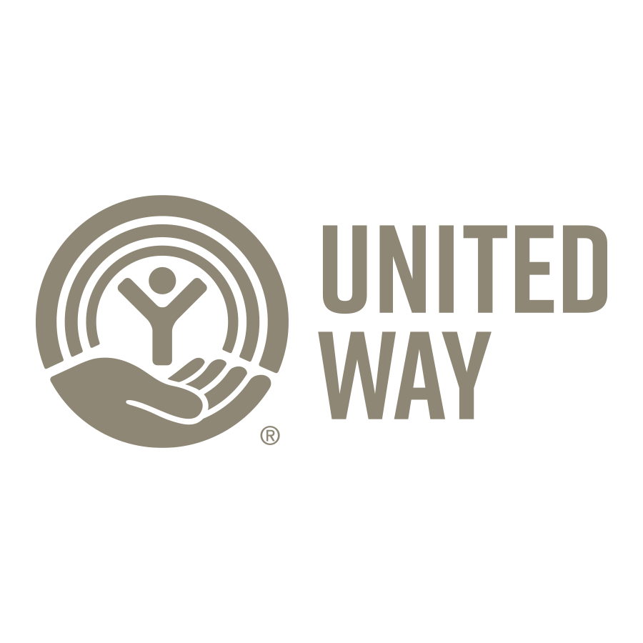 United Way logo featuring a hand holding a person with rainbow-like lines overhead.