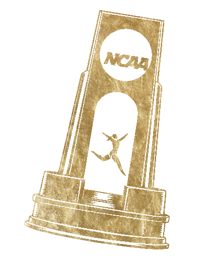 A gold-colored athletic trophy with the NCAA logo at the top and a silhouette of a jumping athlete in the center.