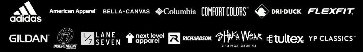 Black background with multiple brand logos in white, including Adidas, American Apparel, BELLA + CANVAS, Columbia, COMFORT COLORS, DRI-DUCK, FLEXFIT, GILDAN, INDEPENDENT, LANE SEVEN, next level apparel, RICHARDSON, SHAKA WEAR, etutex, and YP CLASSICS.