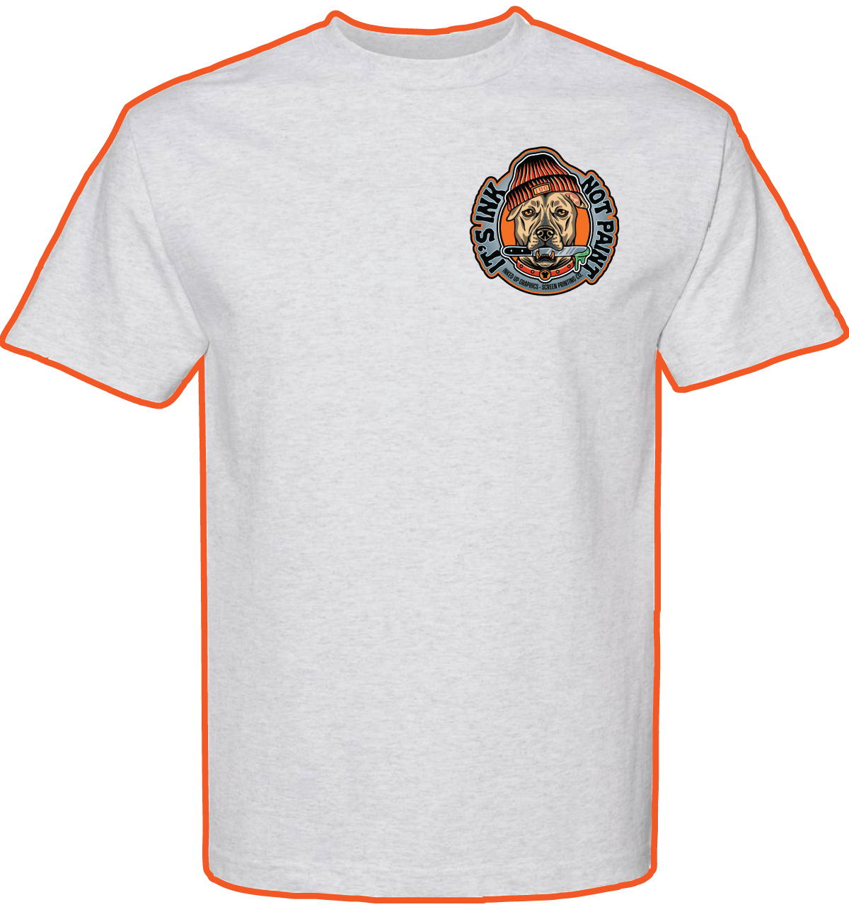 Gray T-shirt with a graphic of a dog wearing a beanie and holding a fishing pole, with the text 'Fish Like No Other'.