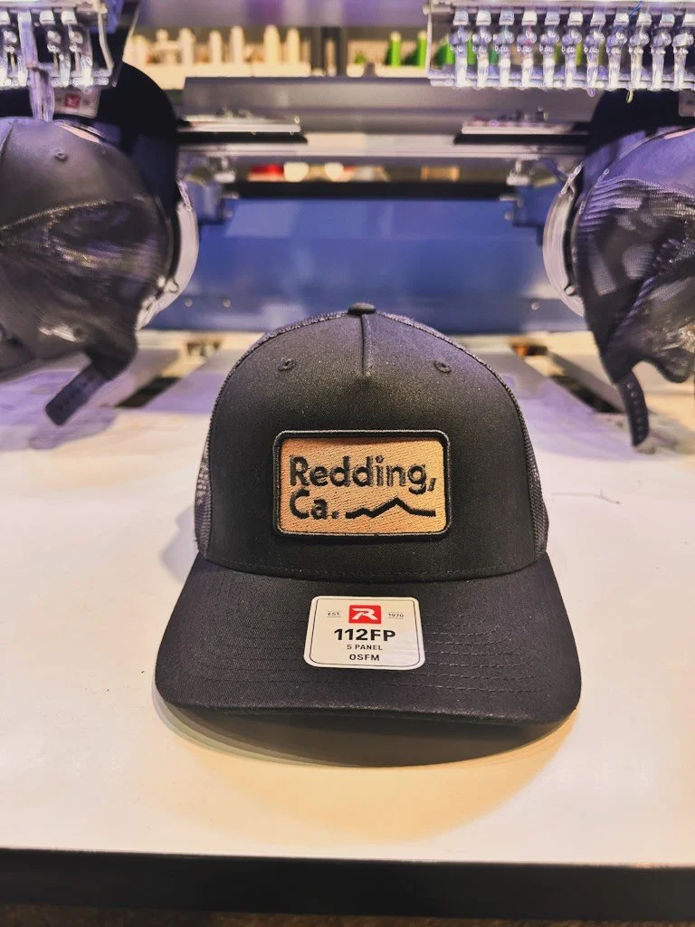 Our Faux Patch embroidery decoration. Matte brown thread with a puff border to give it the look and feel of an actual patch. 😗👌 @visitredding @reddingchamber