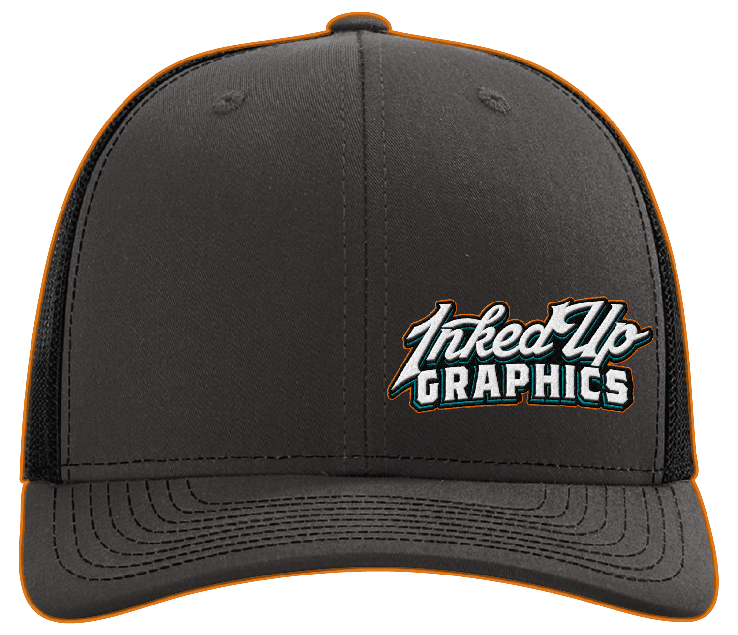 A black baseball cap with orange outline and embroidered logo reading 'Taked Up Graphics' on the front.