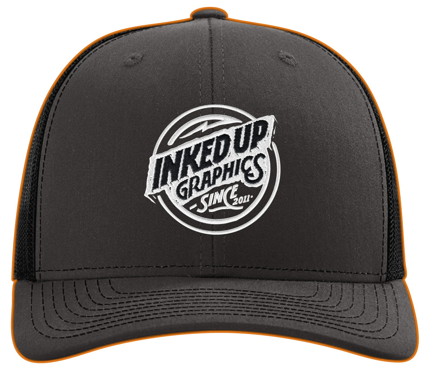 Black trucker cap with orange border and embroidered logo reading "INKED UP GRAPHICS SINCE 2011" on front panel.