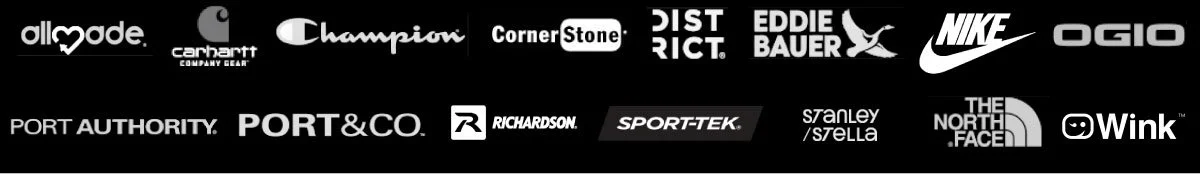 A collection of various brand logos on a black background, including brands like Nike, The North Face, Champion, and Port Authority.