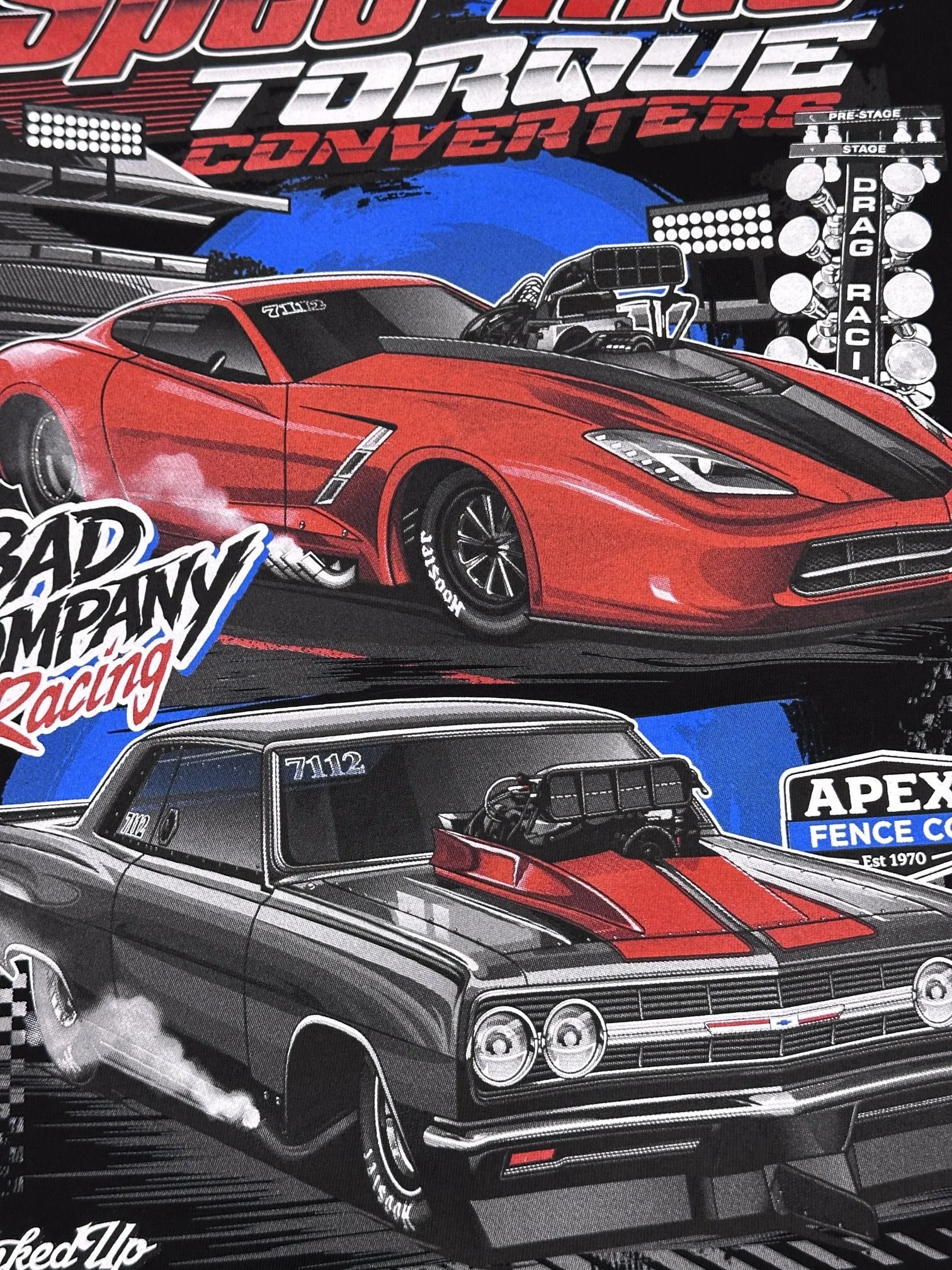 Illustration of a drag racing event with a red sports car and a black classic car on the track, under racing lights and signs indicating race stages.