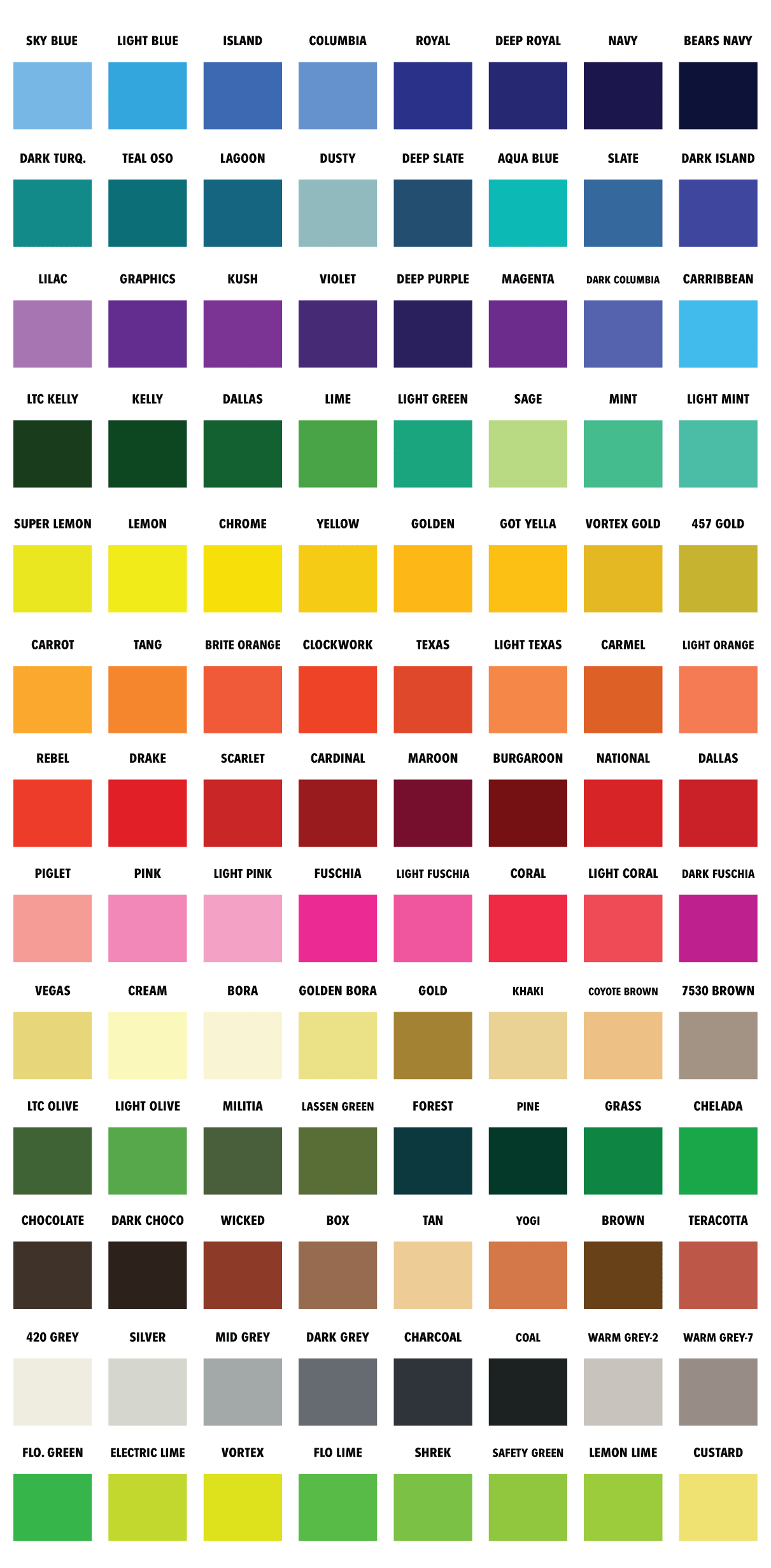 A color chart displaying various shades organized by color families, including blues, purples, greens, yellows, oranges, reds, pinks, browns, greys, blacks, and greens, each with specific color name labels.