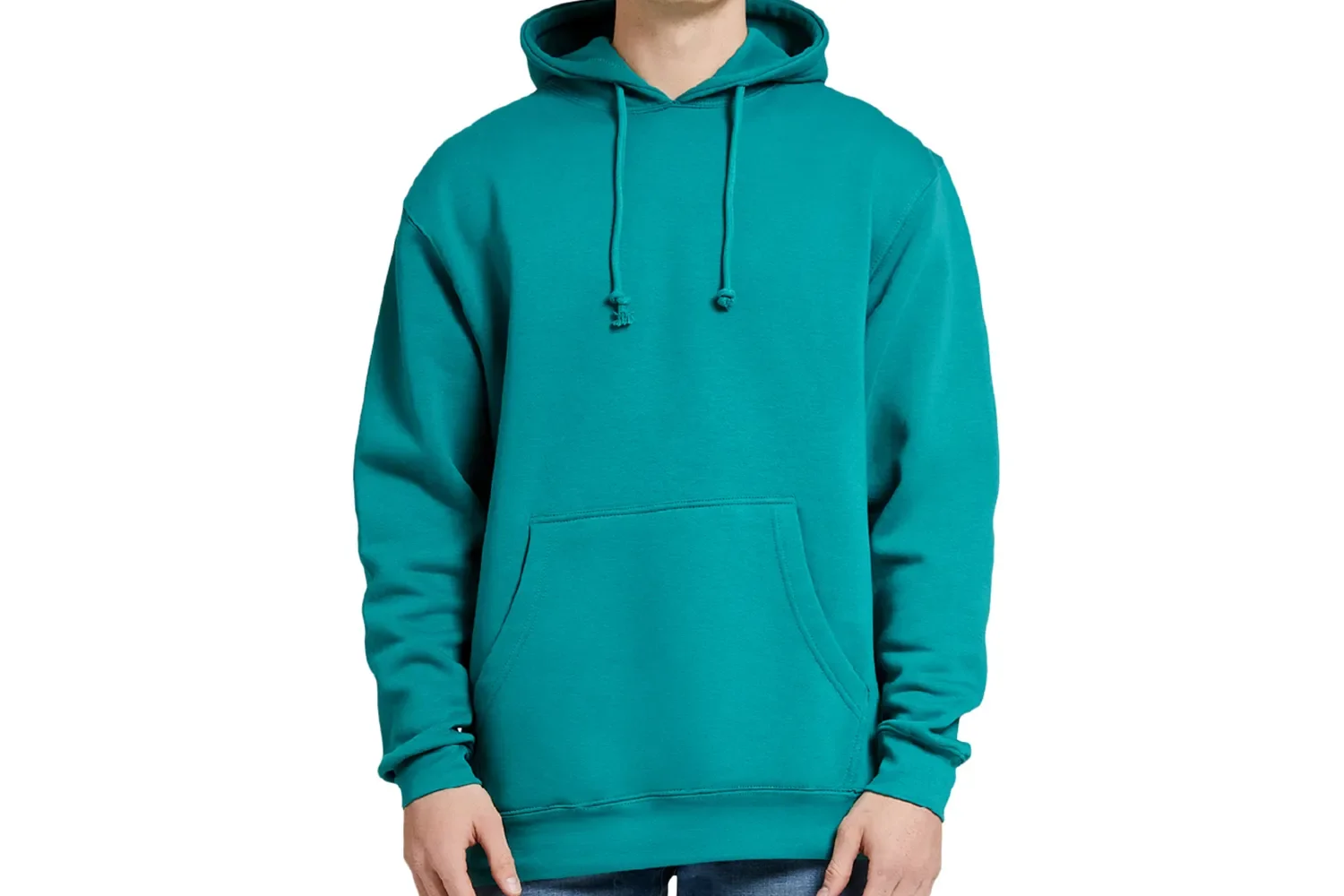 Person wearing teal hooded sweatshirt with front pocket, drawstrings, and long sleeves, standing against a white background.