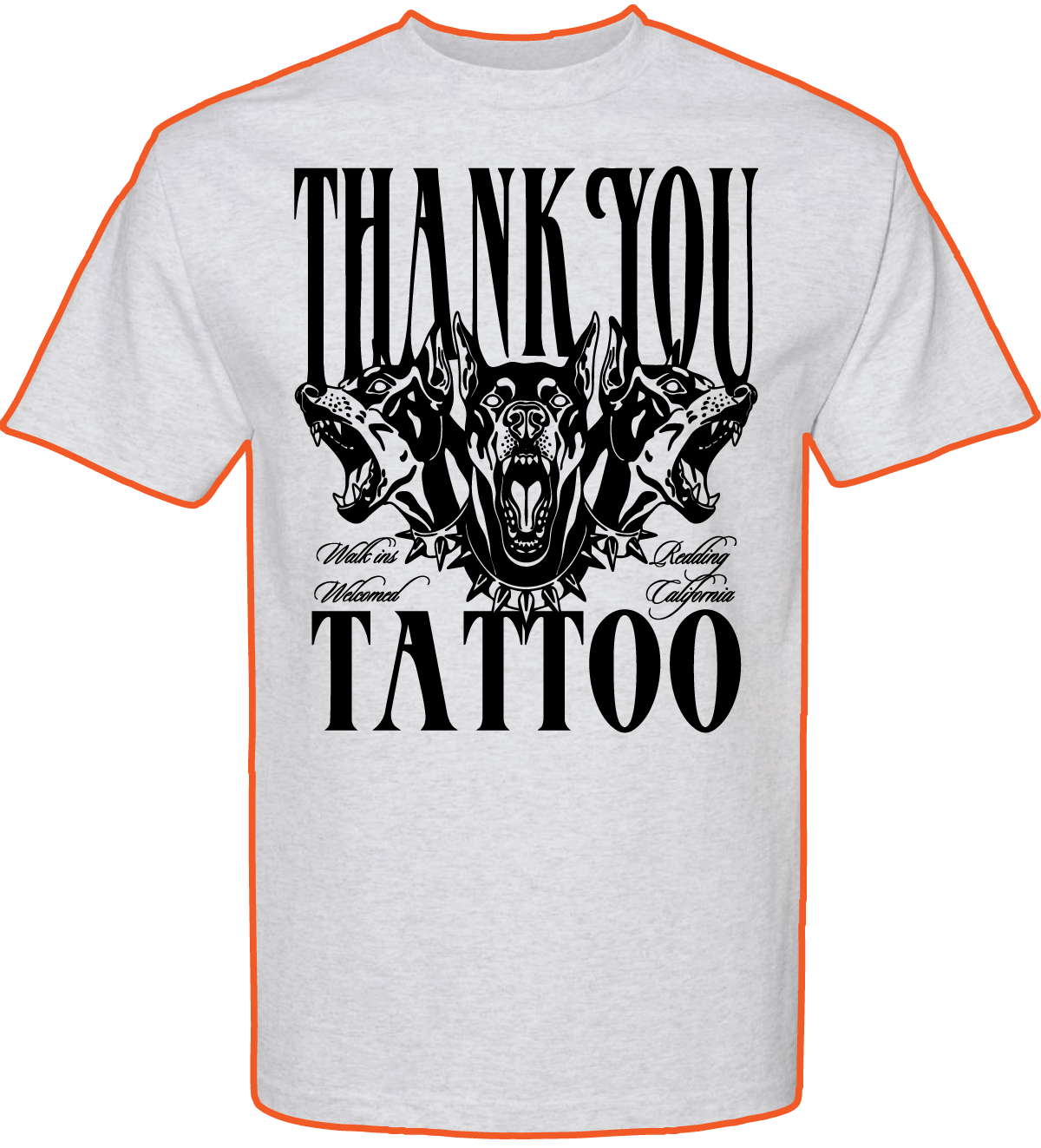 Gray t-shirt with black graphic design featuring a three-headed dog, text saying 'Thank You Tattoo,' and shadows of two dogs with open mouths on either side.