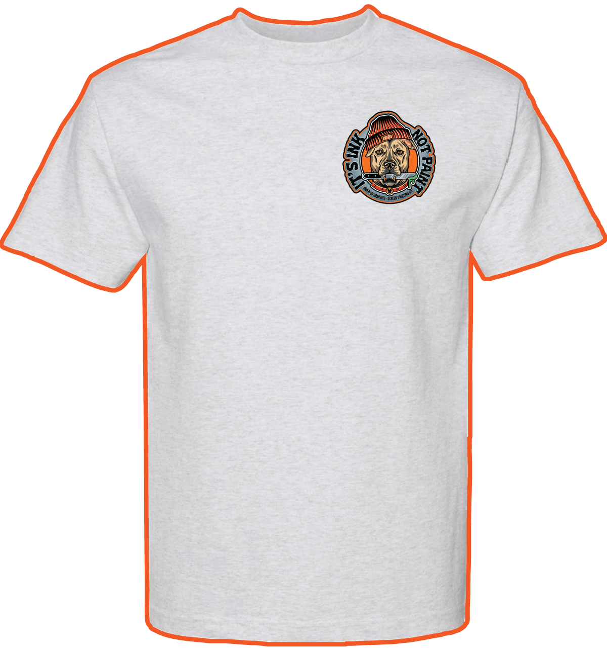 White T-shirt with a small circular graphic of a dog wearing a beanie, holding a knife and fork, with the text "Stay Safe Stay Home Stay Alive" around the circle.