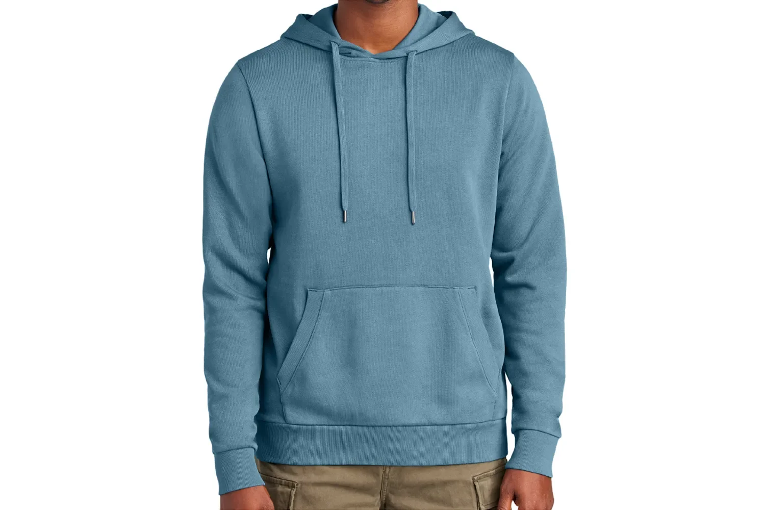Person wearing a blue hoodie with a front pocket, drawstrings, and a hood, paired with tan pants.