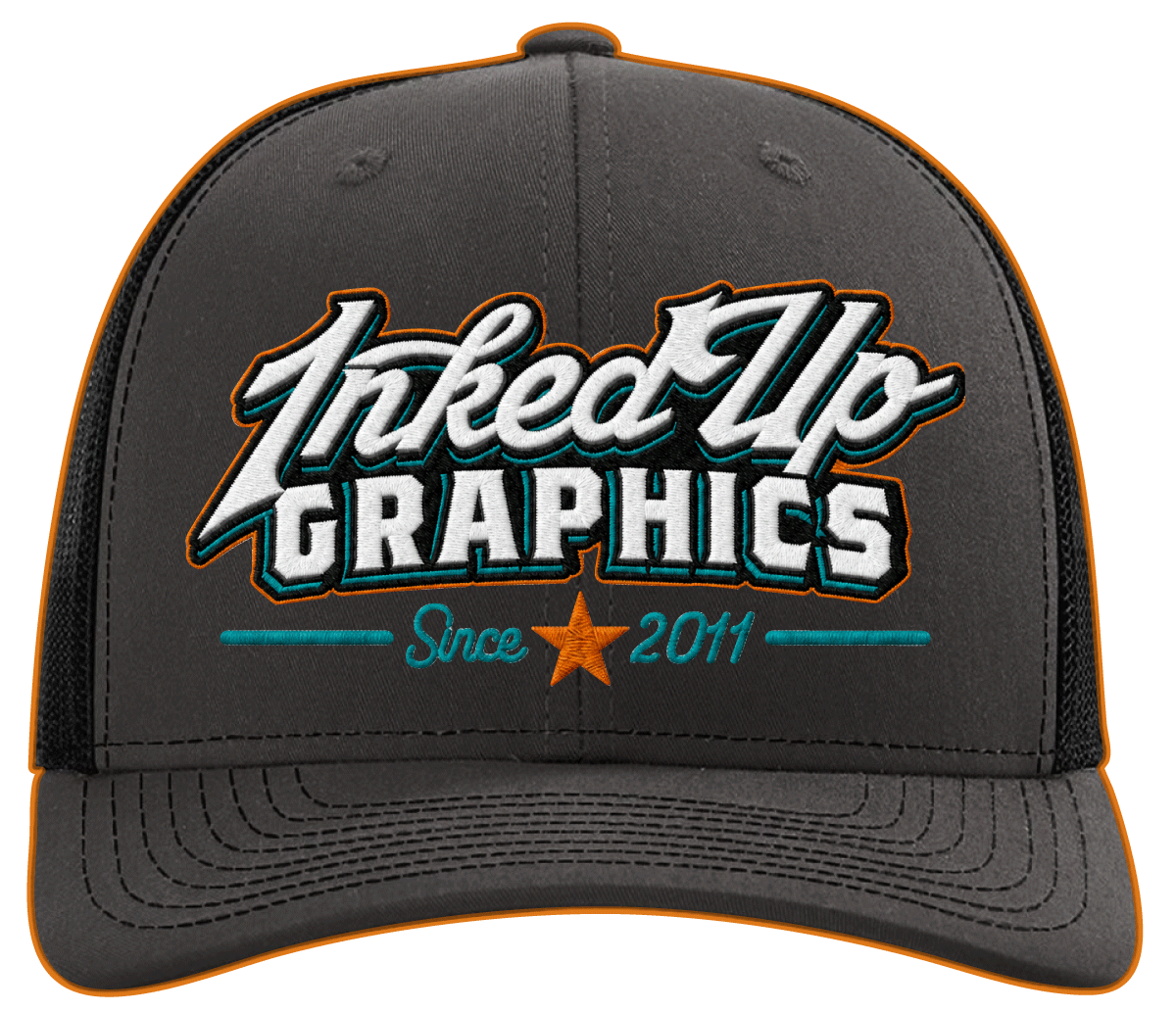 A baseball cap with embroidered text that reads 'Tiked Up Graphics' in stylized letters, 'Since 2011', and a star in the center, featuring black, gray, and teal colors.