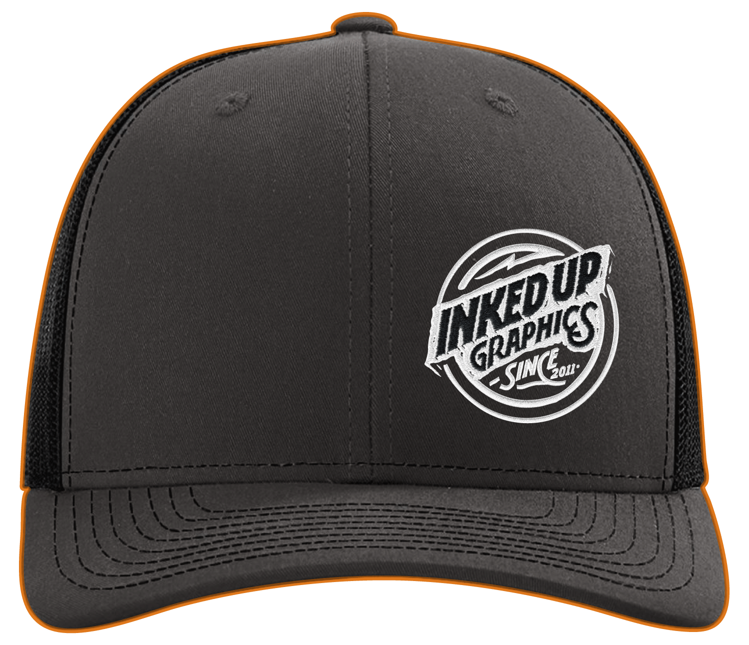 A black baseball cap with orange trim and black mesh back. The front has a white embroidered logo that says "INKED UP GRAPHICS SINCE 2011" with a mountain design.