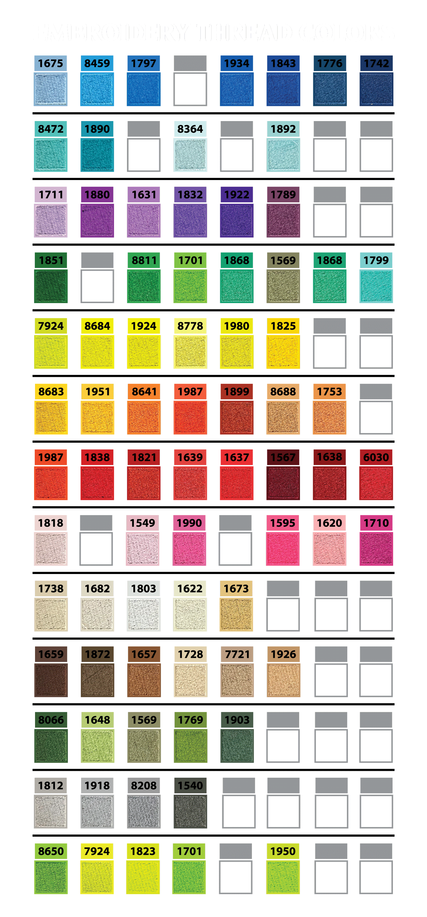 Chart showing different embroidery thread colors organized in rows, each with a unique color and color code, titled 'Embroidery Thread Colors'.
