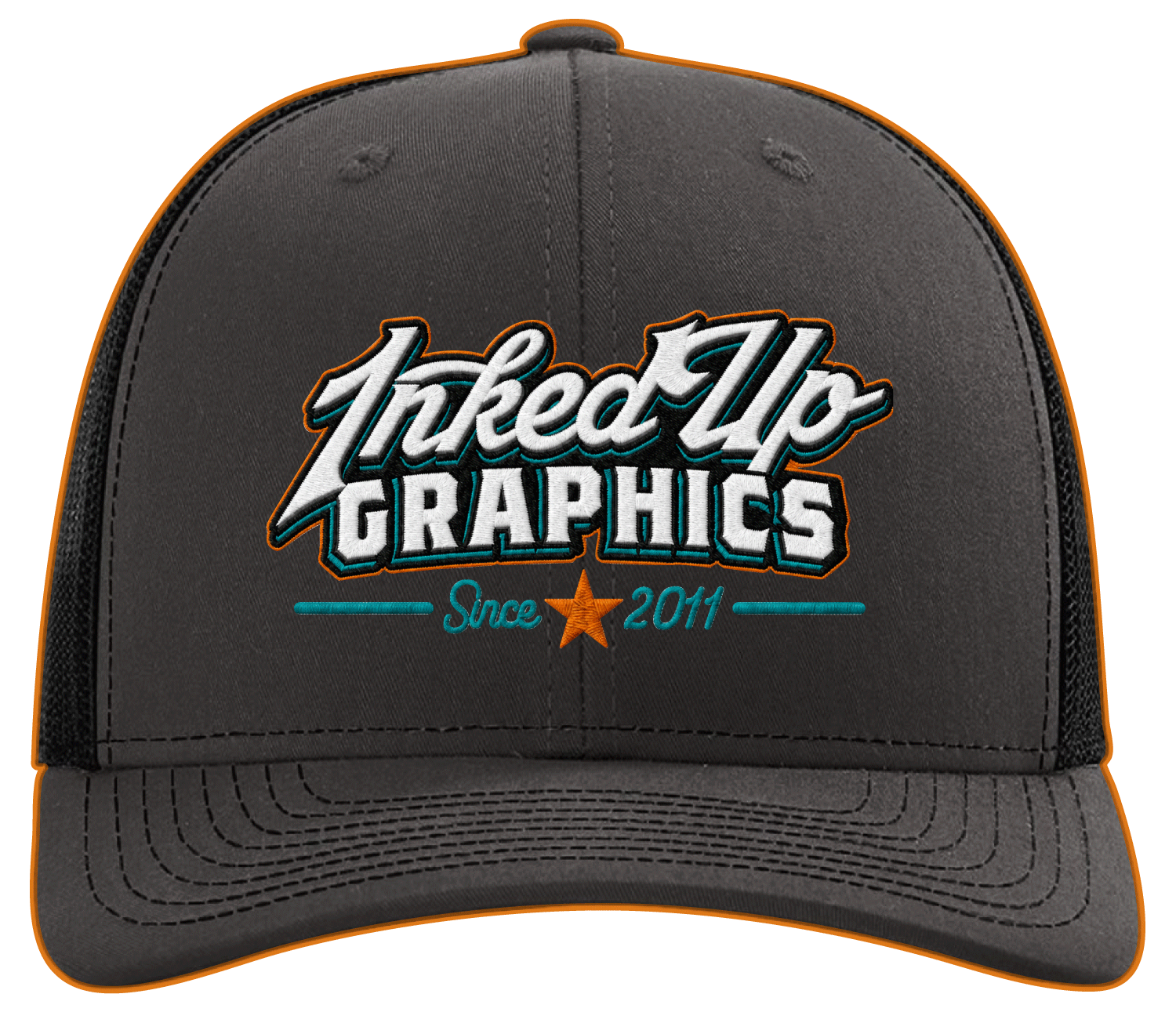 A gray baseball cap with embroidered text that reads "HkedUp Graphics" with "Since 2011" and a star, outlined with orange stitching.