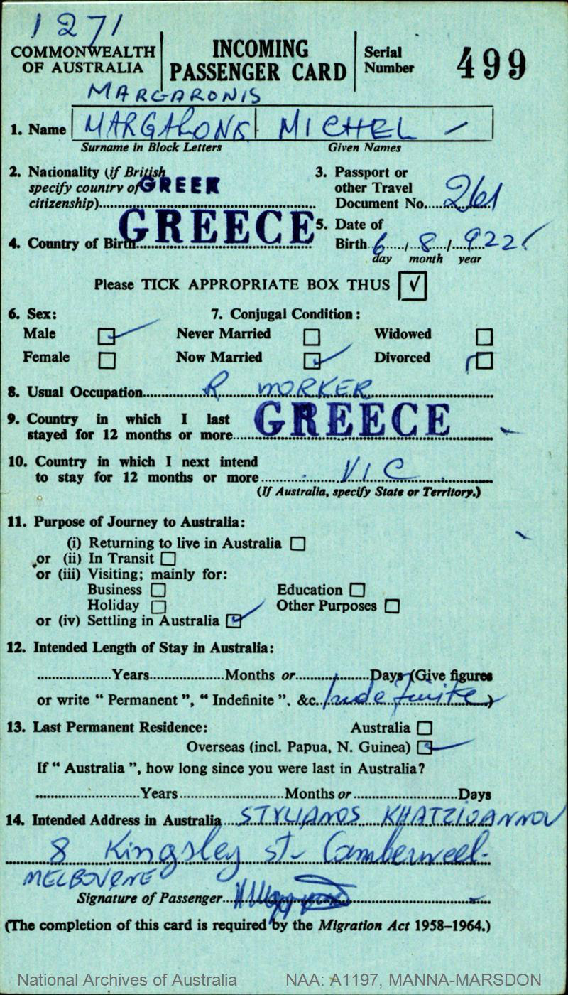 A 1971 Australian immigration passenger card filled out with personal information, including name, nationality, passport number, date of birth, sex, marital status, occupation, intended stay, last resident, and address in Australia.
