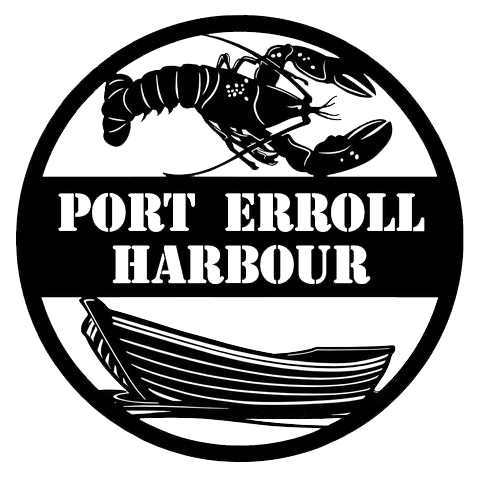 Port Erroll Harbour logo featuring a lobster, a boat, and text.