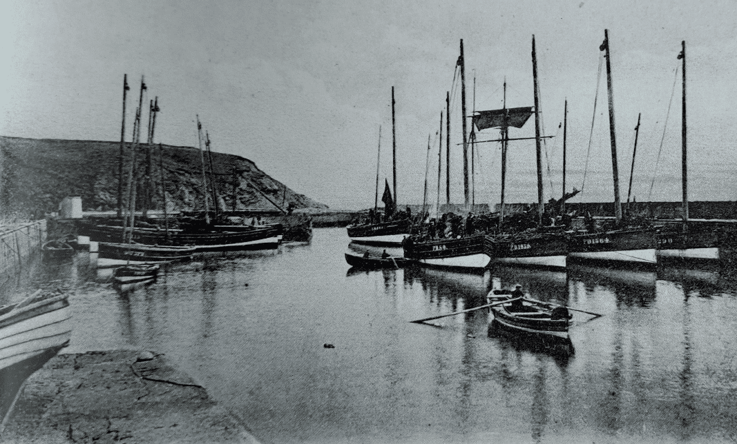 A black and white photo of a harbor with several sailboats and small rowboats docked.