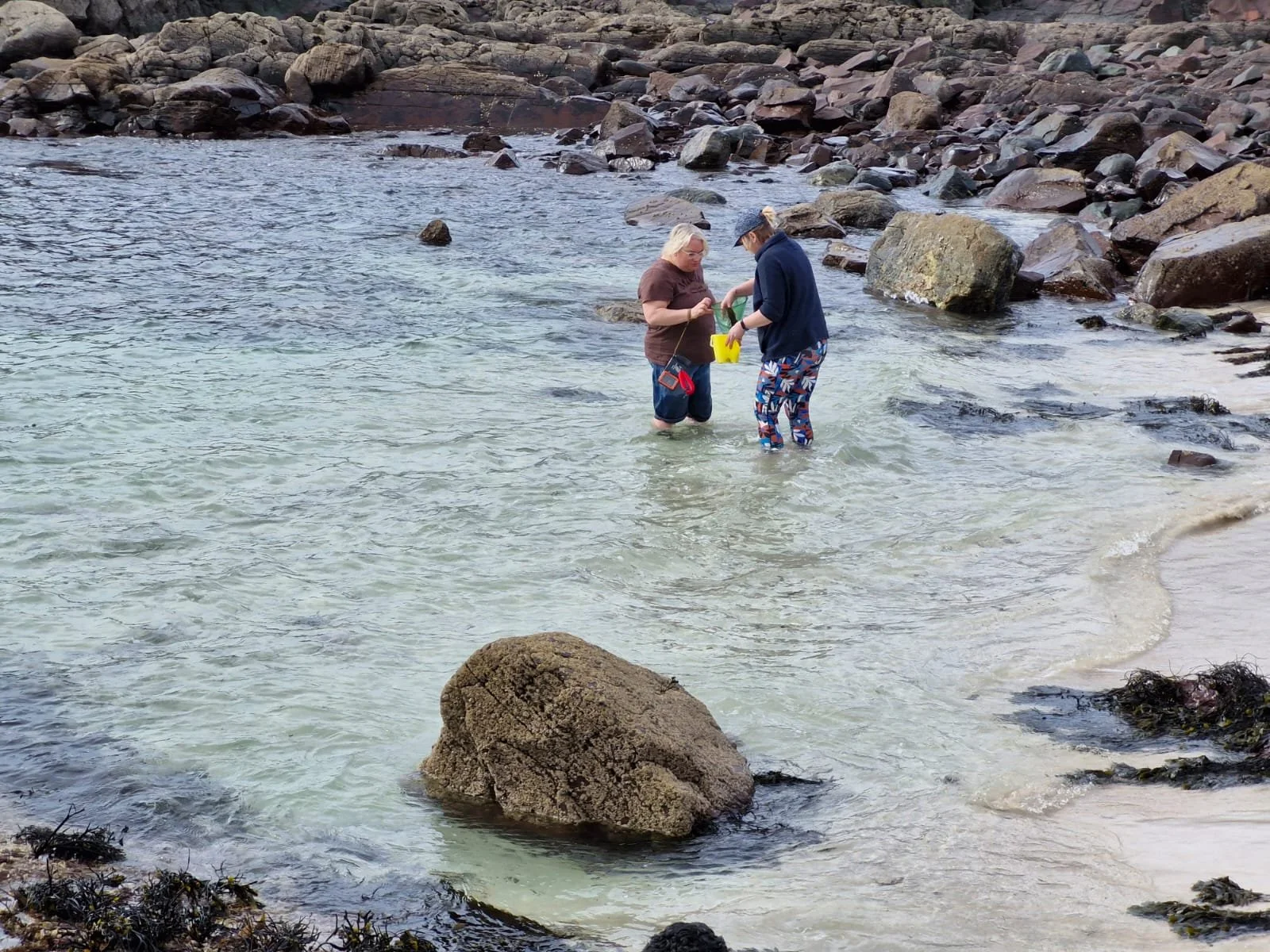 Two women standing in shallow ocean water near rocks, examining an object together. One wears a brown shirt and black shorts, the other wears a navy hoodie and colorful patterned pants.