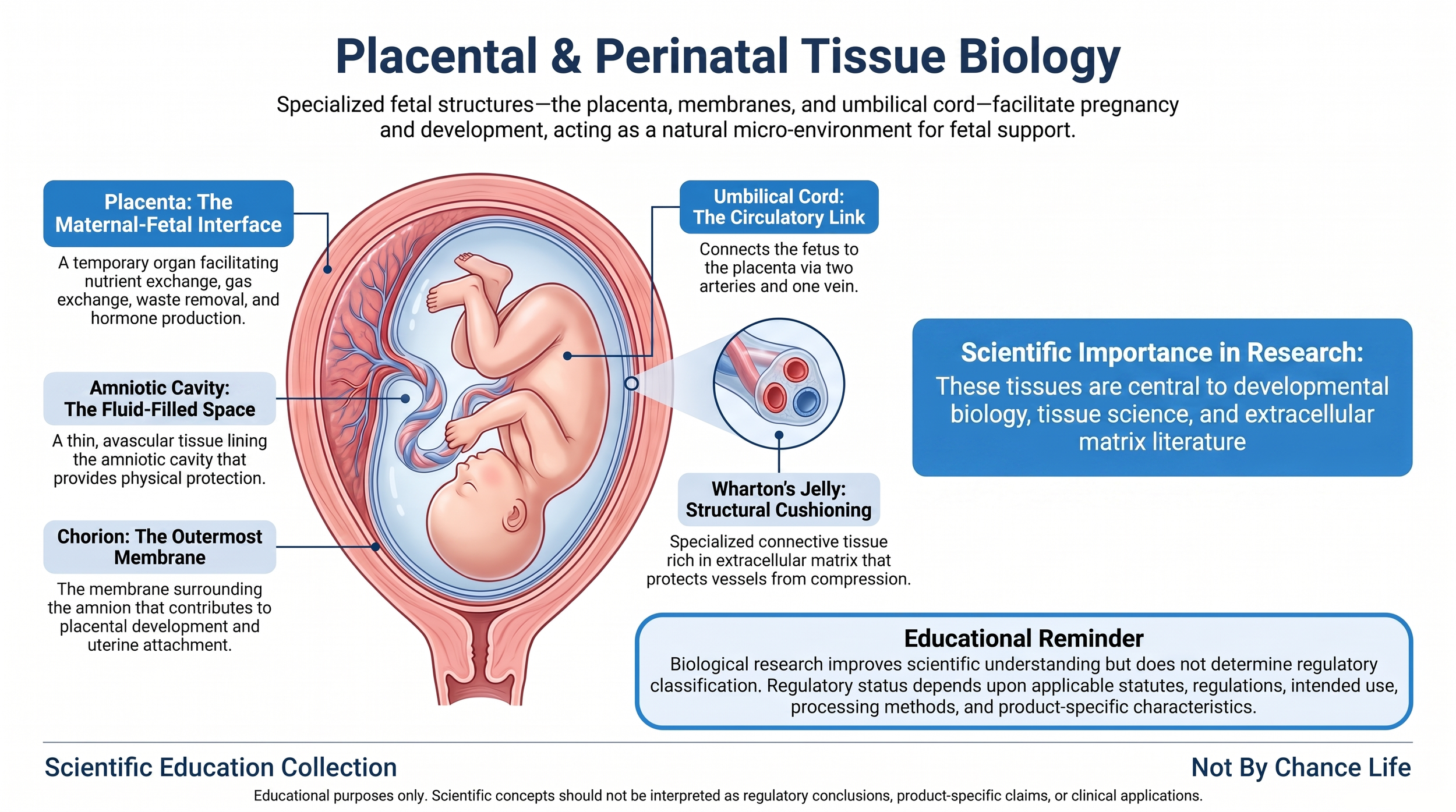 Educational infographic illustrating placental and perinatal tissue biology, including the placenta, amnion, chorion, umbilical cord, Wharton's Jelly, fetal membranes, and their normal biological functions.