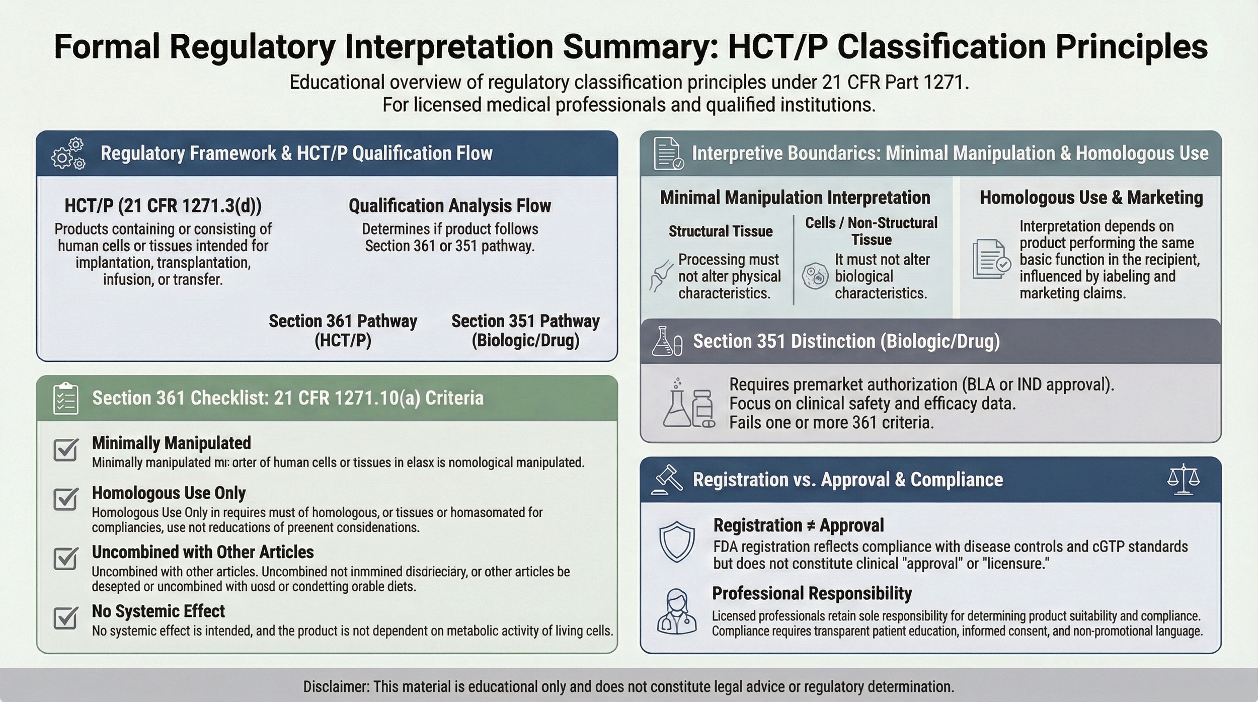 Regulatory Position Statement infographic outlining HCT/P classification framework, Section 361 qualification standards, and compliance communication boundaries under 21 CFR Part 1271