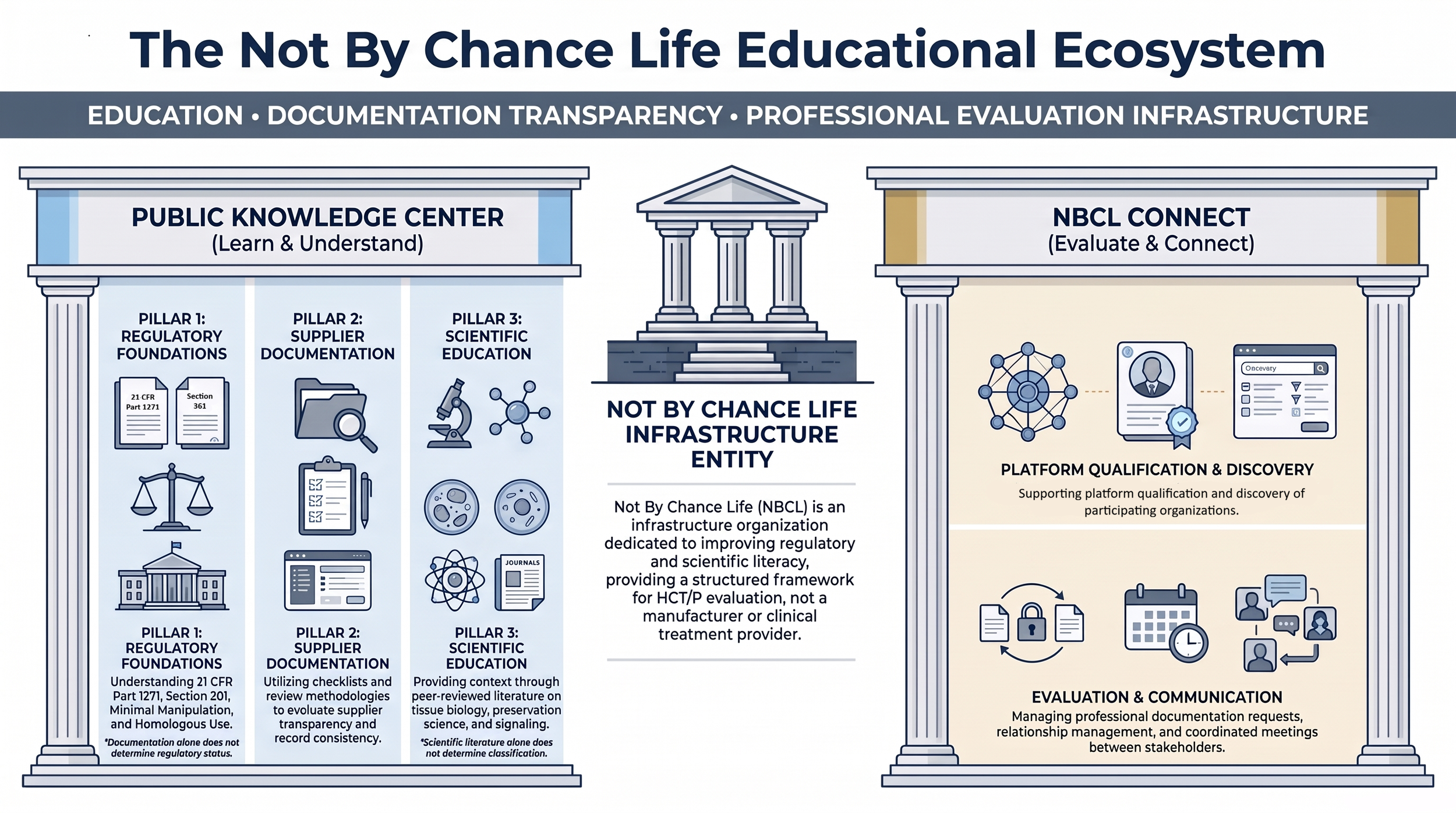 The Not By Chance Life educational ecosystem showing the public Knowledge Center with Regulatory Foundations, Supplier Documentation, and Scientific Education, alongside NBCL Connect for professional evaluation and communication.