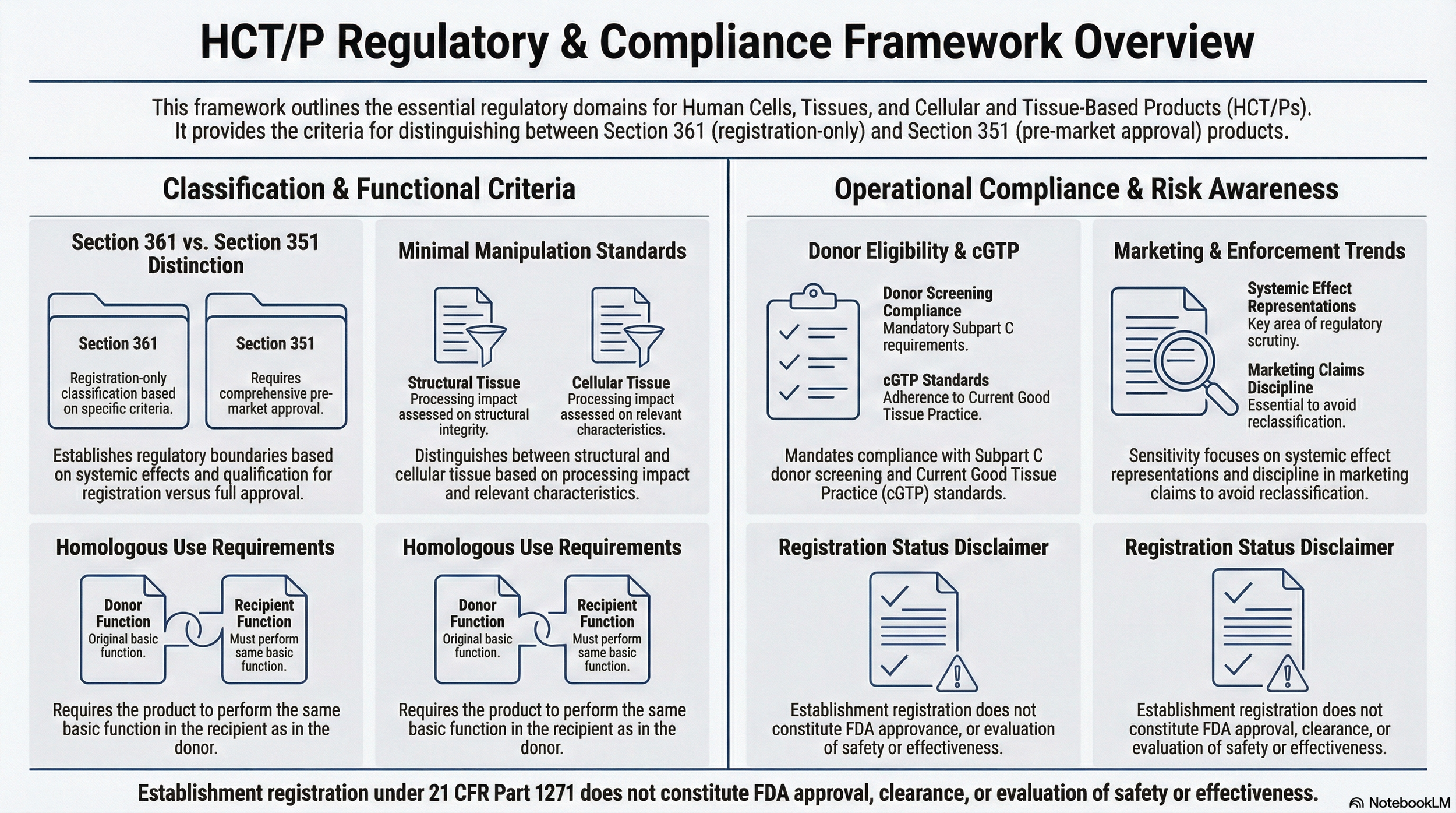 Risk Awareness and Enforcement Landscape infographic outlining HCT/P compliance boundaries, Section 361 versus Section 351 distinctions, minimal manipulation standards, homologous use interpretation, marketing sensitivity, and regulatory enforcement considerations under 21 CFR Part 1271.