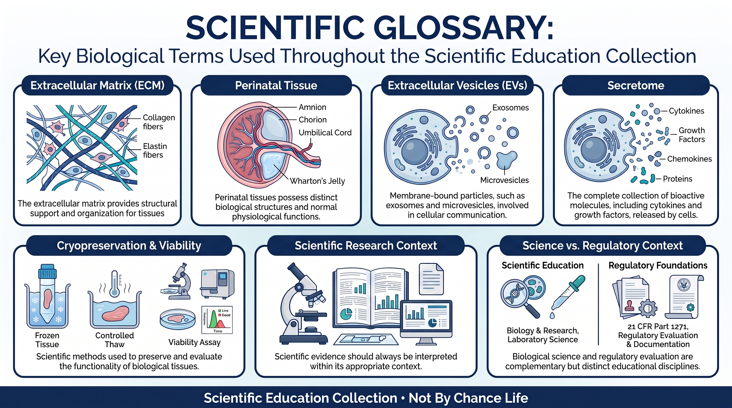 Infographic summarizing key biological terminology including extracellular matrix biology, perinatal tissue biology, extracellular vesicles, secretome biology, cryopreservation, cell viability, scientific research, and regulatory context.