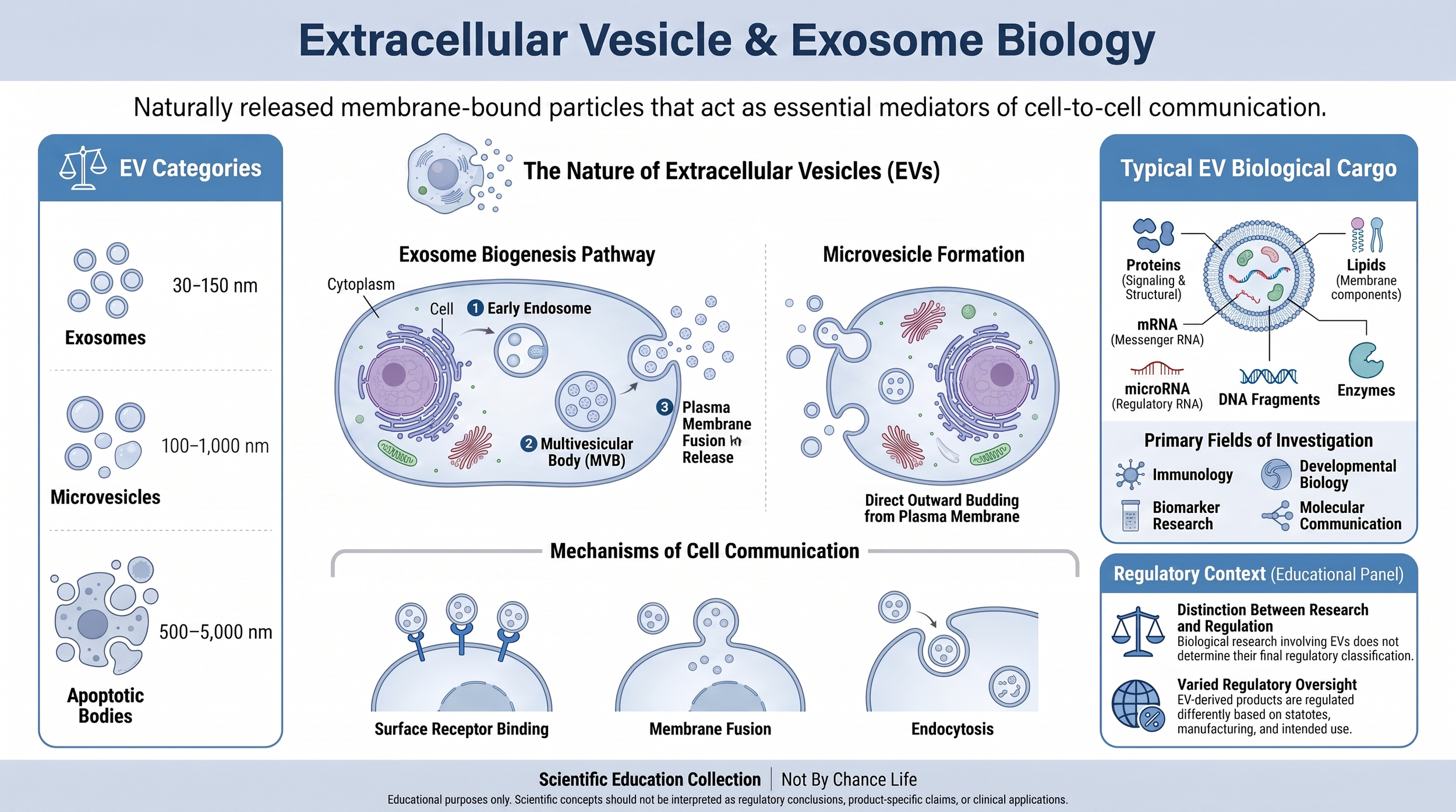 Educational infographic illustrating extracellular vesicle categories, exosome biogenesis, microvesicle formation, extracellular vesicle cargo, mechanisms of cell communication, and regulatory context.