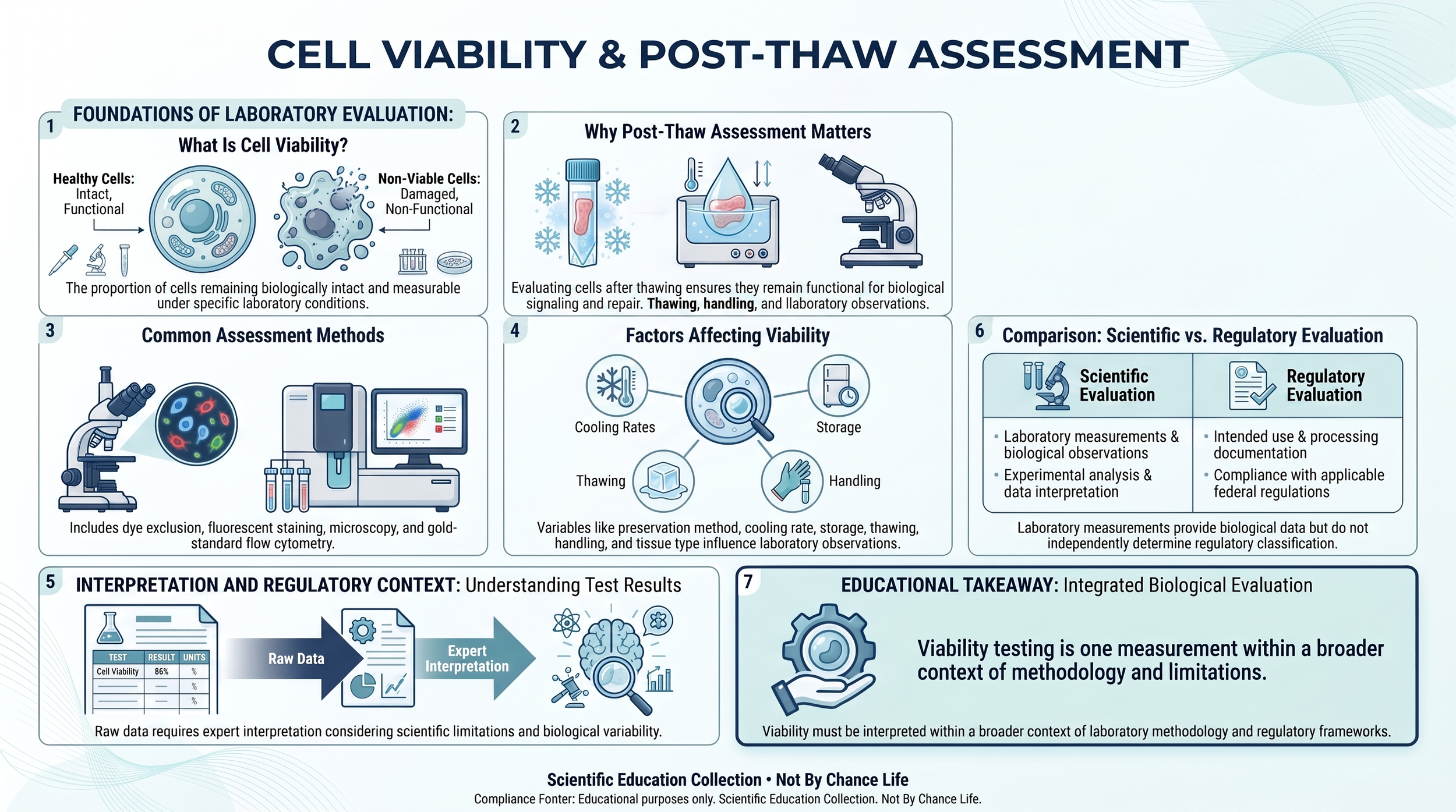 Educational infographic illustrating cell viability, post-thaw assessment, laboratory measurement methods, scientific interpretation, and the distinction between scientific evaluation and regulatory classification.