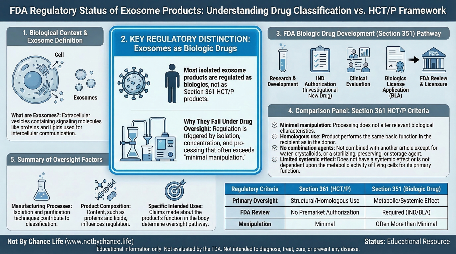 Educational infographic explaining FDA regulatory status of exosome products compared with HCT/P tissue products and biologic drug pathways including IND and BLA requirements
